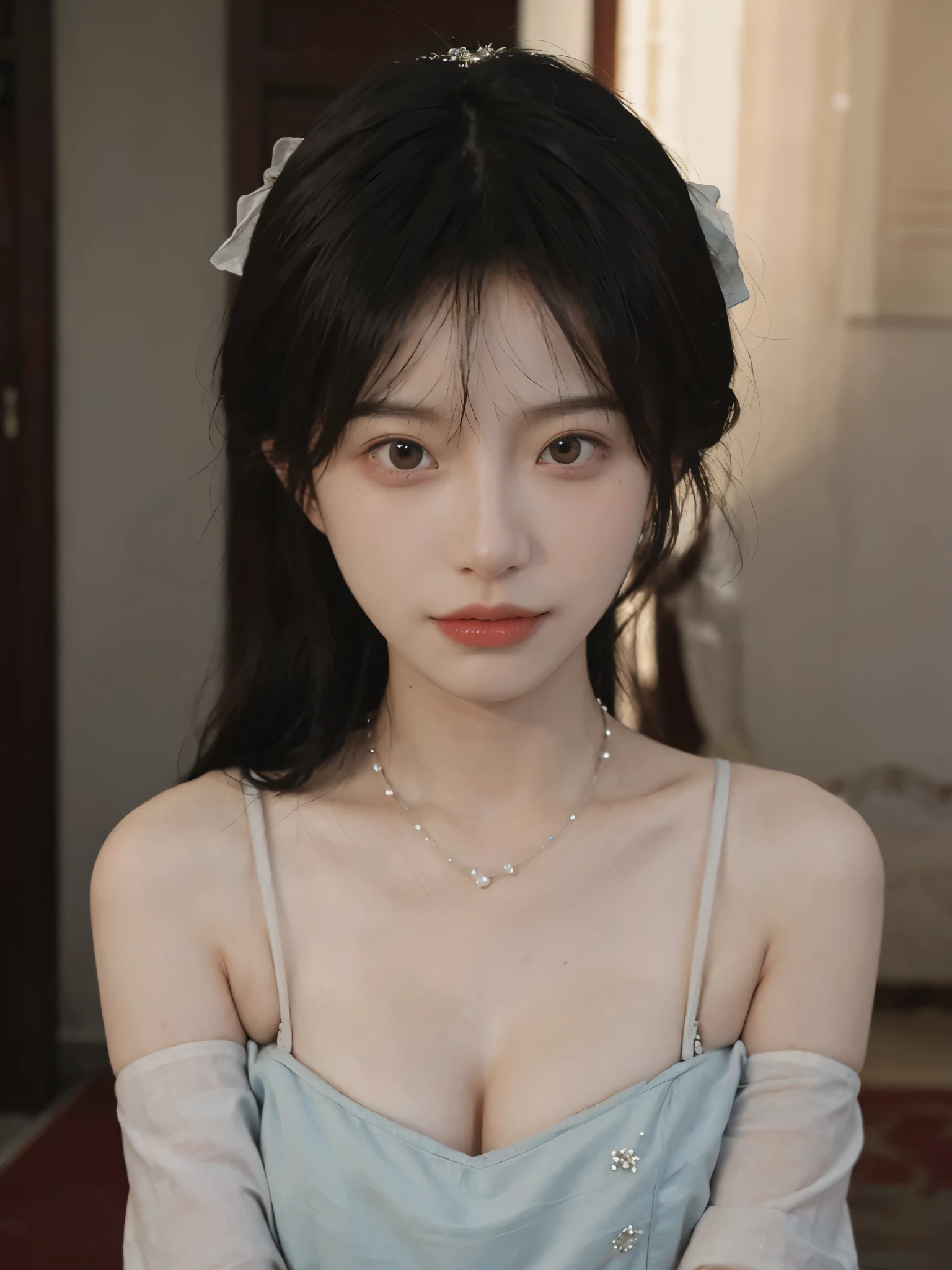 best quality， ultra high resolution， （realistically：1.4），cute hairpin，Baoyu Girl，Standing in the wedding hall，（flat chest：1.2） ，A pair of clear and charming peach blossom eyes,Royal sister，The sun shines on the face，Big wavy hairstyle，（necklace：1.2），（White skin：1.4），a sense of atmosphere，a beautiful girl，Looking directly at the viewer， Close-up cleavage ，(lifelike:1.4),1 girl,Sexy,(Upper body:1.4),(wet),(:1.2)