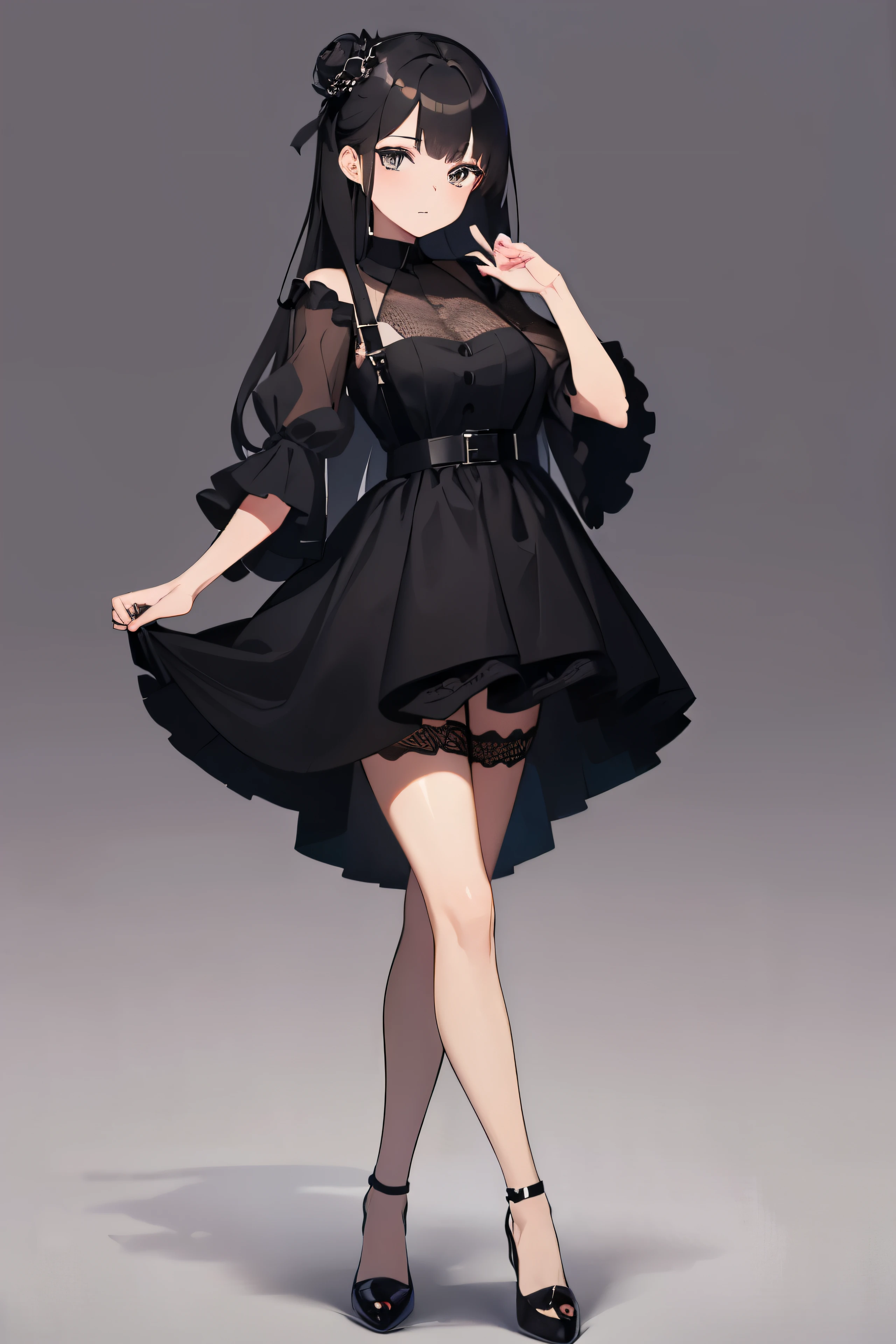 Create a photo of a person wearing a long black dress, Wearing a pair of black round-toe high heels on her feet, Photo of gothic brunette girl wearing black suspenders on legs