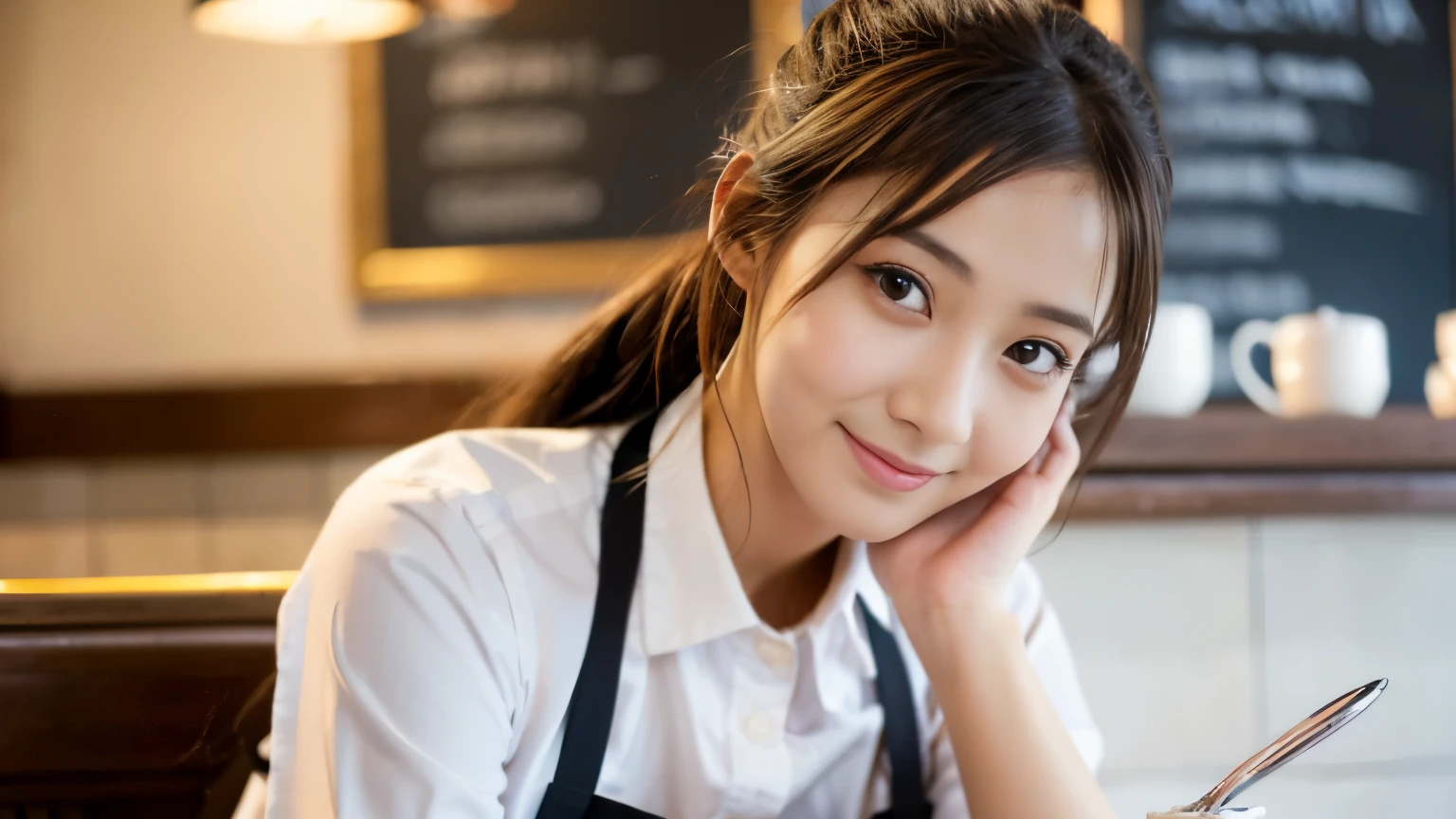 ((最high quality, 8k, masterpiece: 1.3)), perfect face,This is a full-length portrait of a beautiful model-like woman working in a miniskirt and apron at a cafe where uniforms are characterized by .,Other staff are busy working around us.、You can feel the stylish luxury that is typical of urban cafes., sharp focus, 1 girl,  1.2, , (big: 1.5), fine eyes, Beautiful eyes with long slits, double eyelid, (cat face), (cute Face), cute Smile, (close your mouth), (cute), soft skin, Show the whole body, surreal, super detailed, high quality, (Beautiful college girl working as a waitress in a cafe), ((詳細な非常にcute女子大生)), ((胸は隠れているけど服の上から解るぐらいbig胸)),A look and a smile as if staring at her boyfriend,Beautiful thighs visible under the apron and miniskirt
