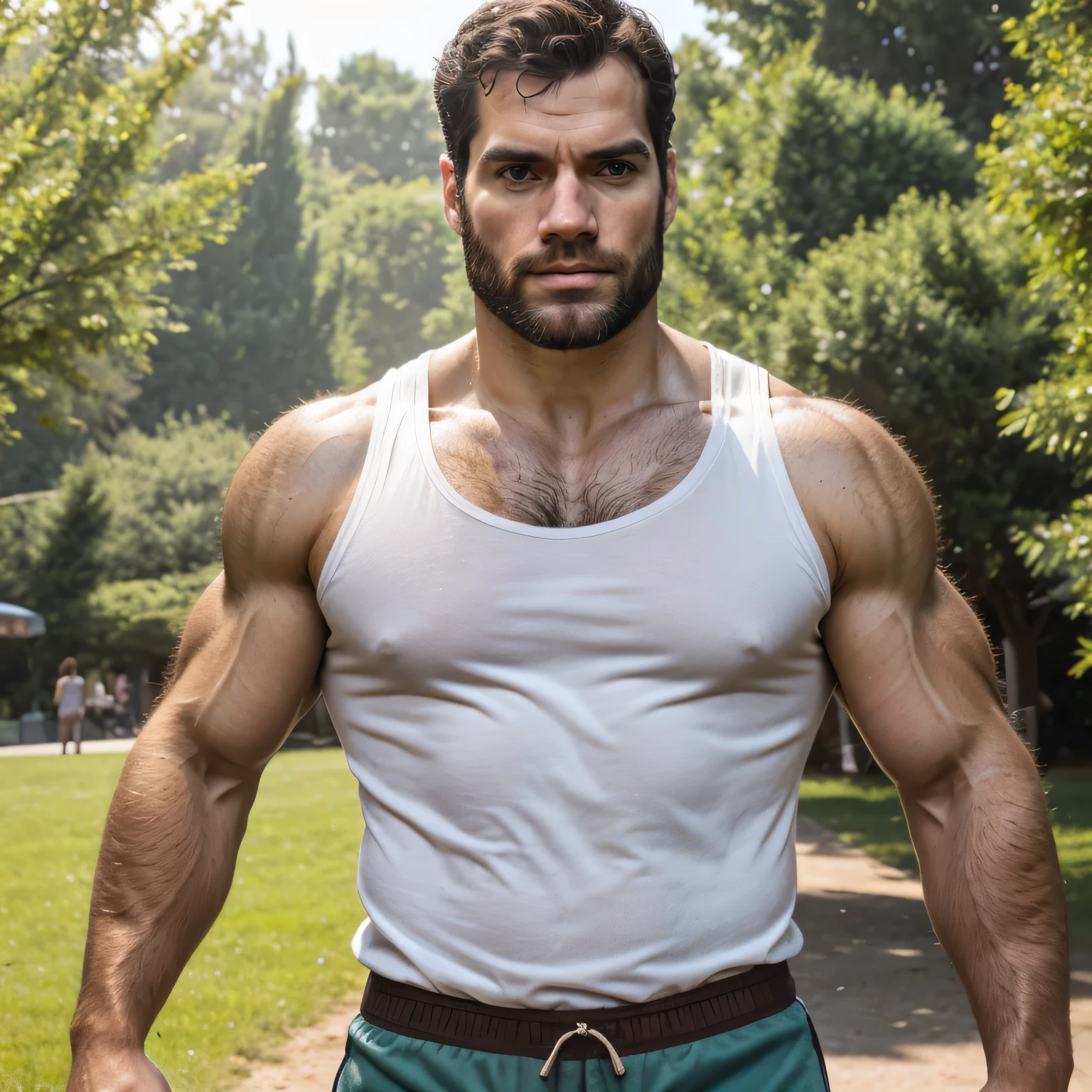 Qualidade de imagem ultra-alta, realistic and strong male characteristics, um homem inspirado em Henry Cavill como Wolverine, Um homem, cabelo curto, cabelo castanho, muscular, facial hair, olhos verdes, parque, regata, shorts, peito peludo, Dia Luz, extremamente quente e sexy, perfect abs, full body view (vista frontal), luz difusa, location: parque, foto colorida, (candid human pele), pele