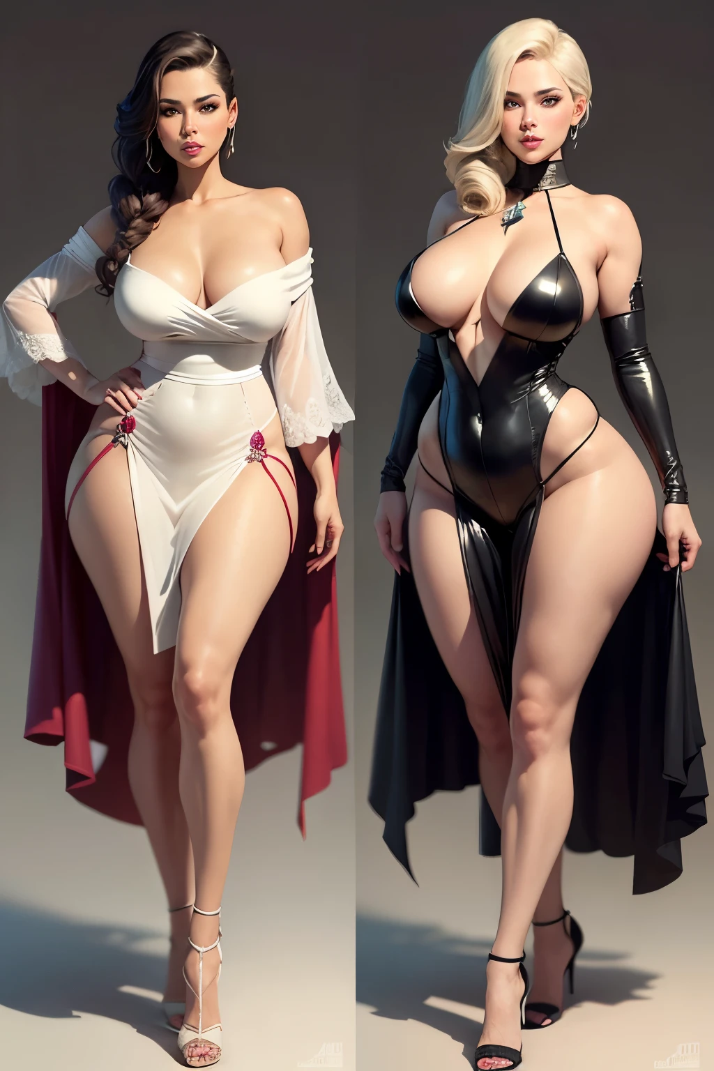 Image from different perspectives showing a woman with a slender, curvy body. Your breasts are big and attractive, your waist is thin and your hips are wide and attractive. She's wearing sexy armor, that highlights your shapes and curves, and wearing a pair of elegant high heels. The image captures different angles of this stunning woman, highlighting your beauty and confidence.