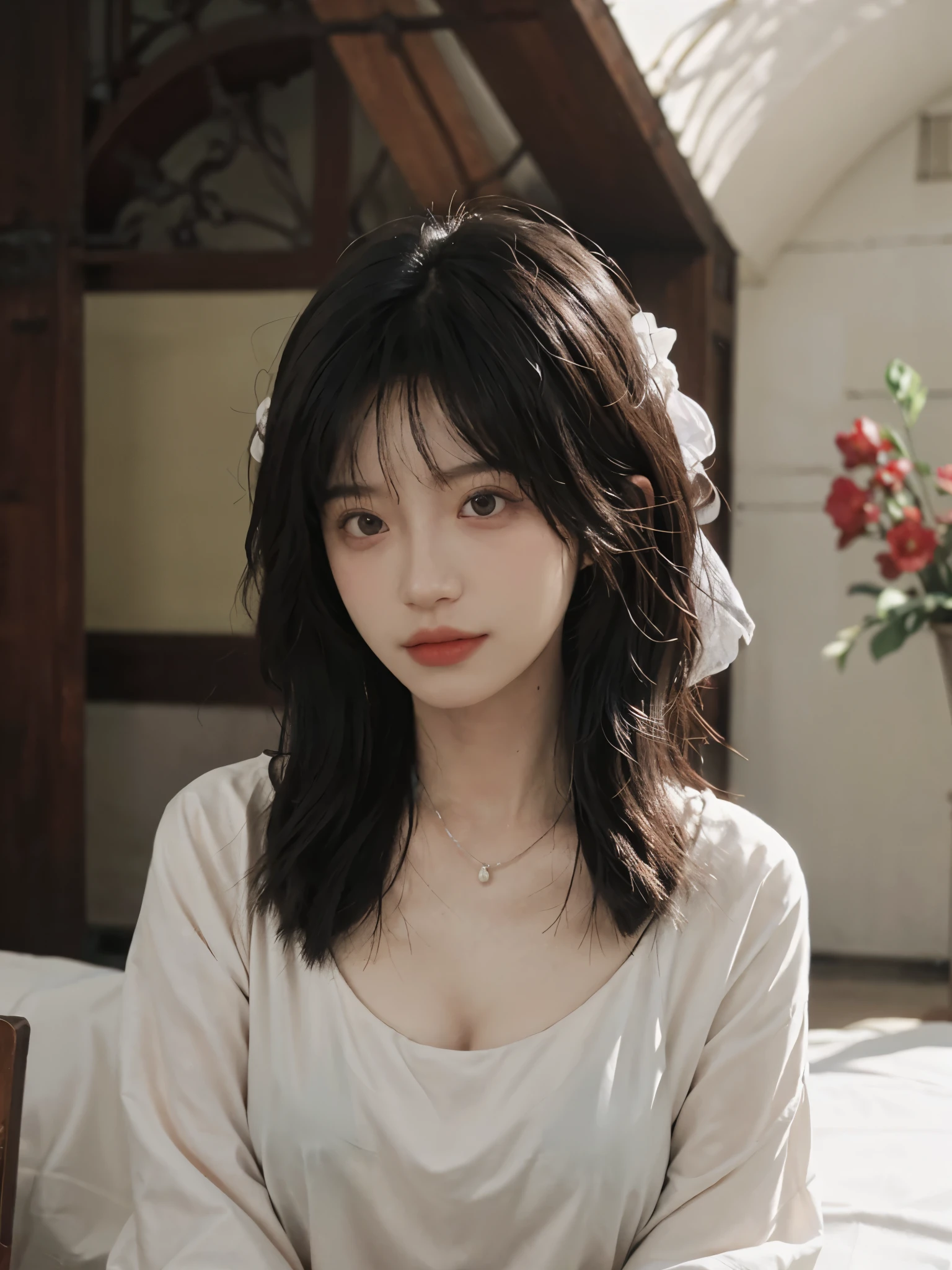 ((top-quality、masterpiece))、Raw photography、8K、top-quality、 超A high resolution、Beautiful face in every detail、Realistic human skin、Gentle expression、front-facing view、Farbe々From an angle、(shorth hair:1.5)、realisitic、Photorealsitic、cute little、springtime、cherry trees、White Dress、a necklace、