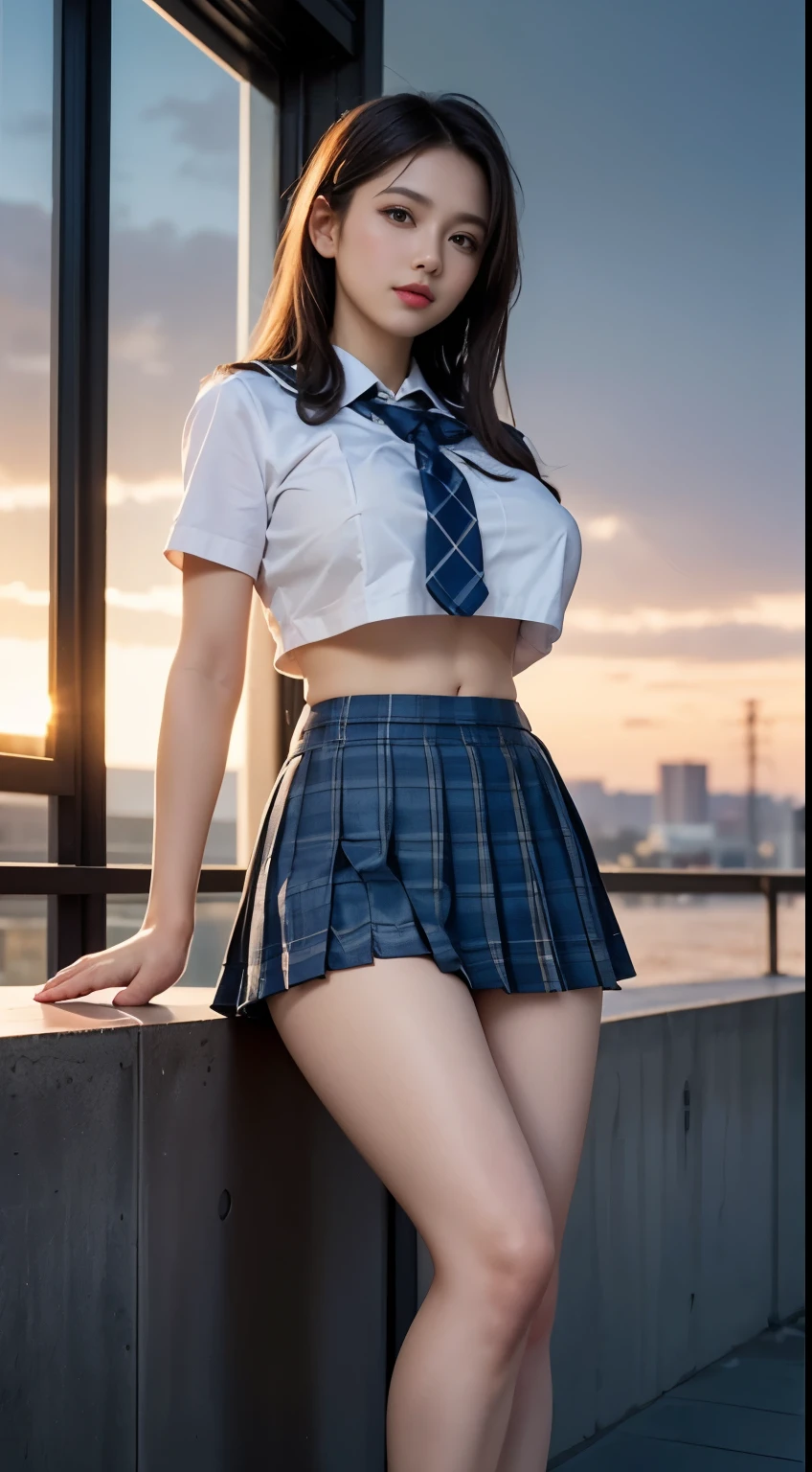 (highest quality:1.4), (hyper quality), (Super detailedな), 1 beautiful girl, So cute, wonderful face and eyes, (school uniform, Blue checked pleated micro mini skirt:1.5), (Beautiful and incredibly big breasts:1.3), (slender body:1.1), (thin legs), (Very thin waist), belly button, realistic skin texture, bangs:1.3, bright and glossy lips, Beautiful goddess descends, beautiful background, golden ratio, conceptual art, Super detailed, Accurate, advanced details, outdoors, sexy art, surrounded by a beautiful sunset, bright light, Super delicate illustration details, 8K wallpaper that integrates high-definition CG, RAW photo, professional photos, cinematic lighting, written boundary depth, (No bra in uniform:1.2), (You can see the shape of the nipple protrusions through the uniform.:1.2), (The nipple protrusions push up the uniform), (Her big breasts make her uniform stretch out:1.2), cropped tops, (High heels on bare feet)