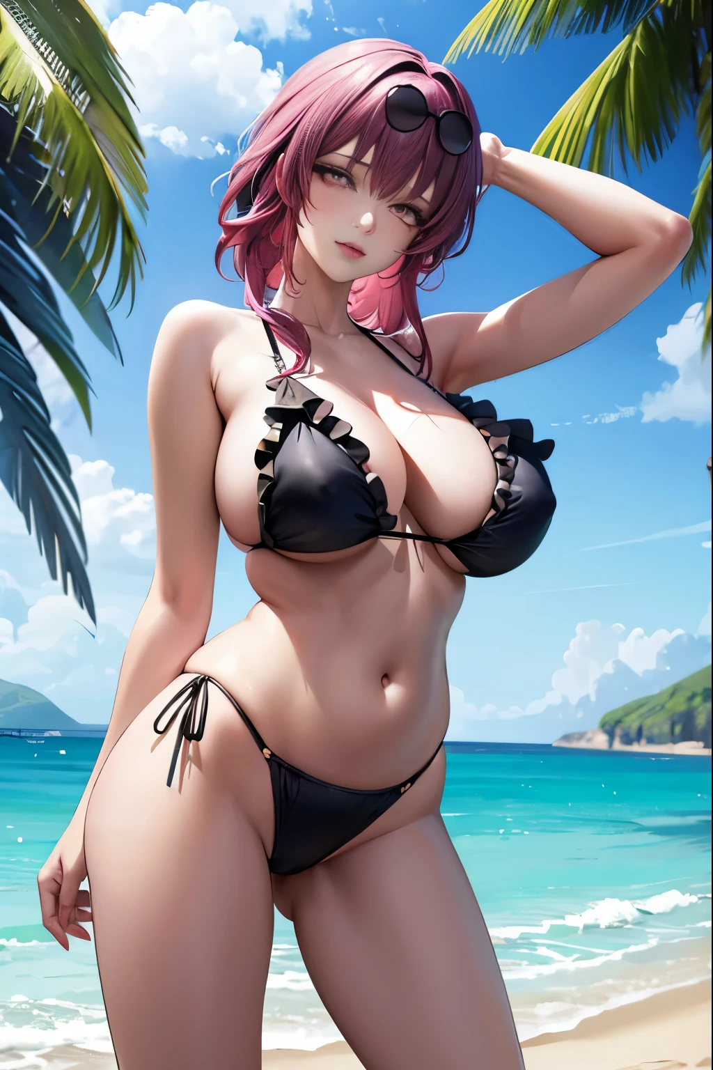 1 girl, alone, looking at the viewer, huge breasts, Plump body shape,belly button, cleavage, Are standing, water着, pink hair, bikini, thighs, cowboy shot, outdoors, frills, null, Day, cloud, pink eyes, armpit, water, Stomach, Raise the hand, wood, blue null, black bikini, side-tie bikini bottom, Ocean, beach, sunglasses, arm behind head, glasses on head,star kafka, (mature woman:1.35),M-shaped spread legs,legs open,
