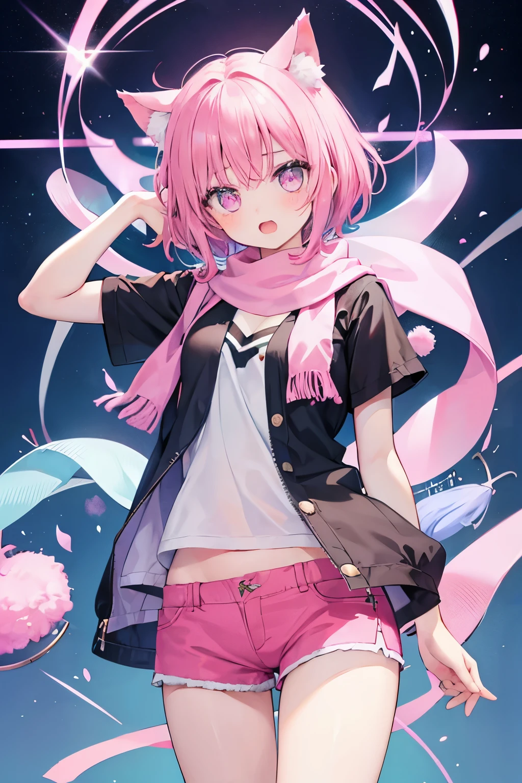 Very beautiful and shining eyes、shining eyes、1 girl、small breasts、big mouth、high school girl、small breasts、Cat ear、Transparent pink short hair、scarf、hot pants、Near future、neon、