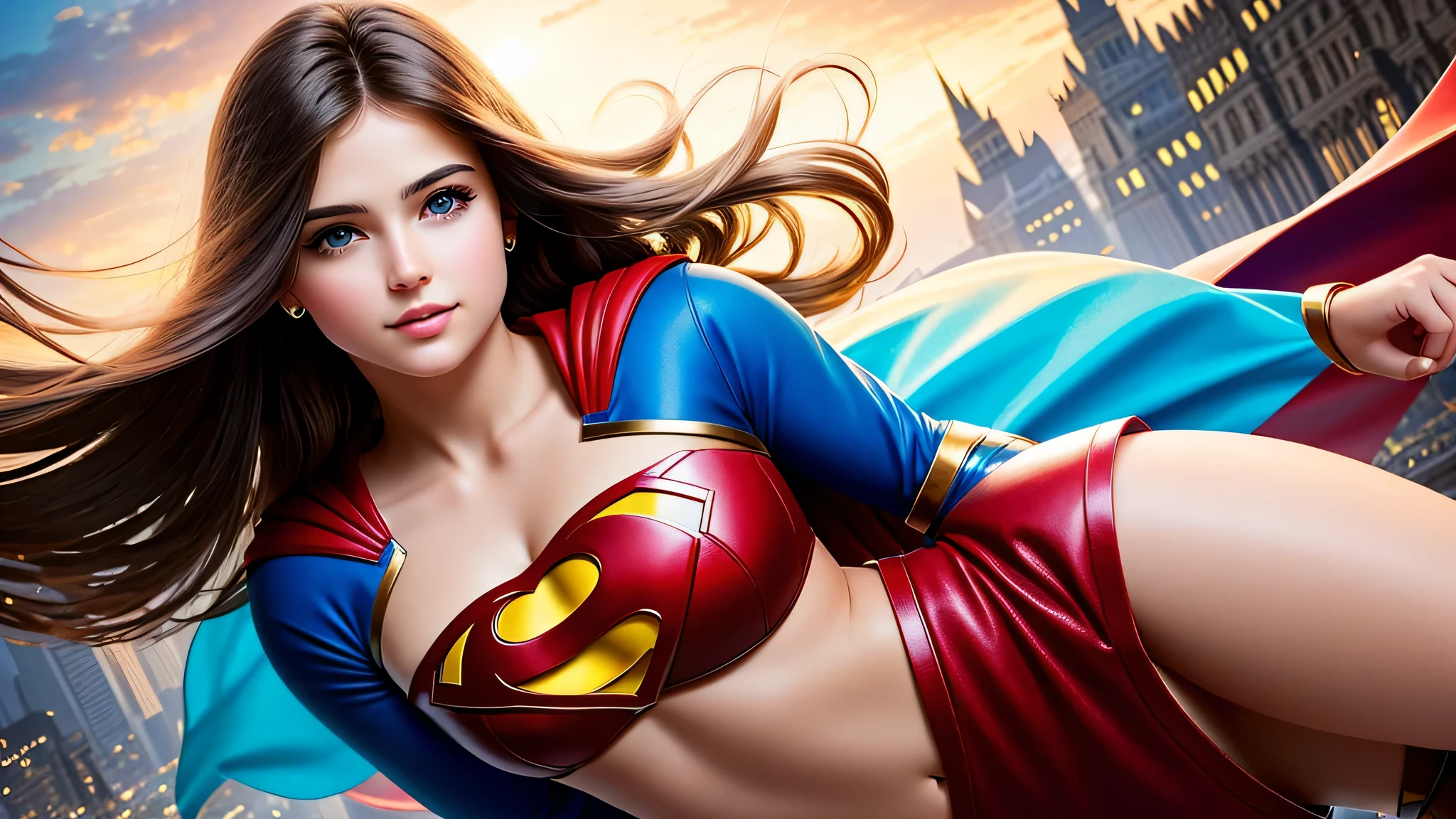 Brunette Supergirl Photo Portrait, colorful, realitic round eyes,straight hair,short, chanel, dreamy magical atmosphere, superheroine costume, (small breasts: 1,3),perfect body,(lie:1.3),
