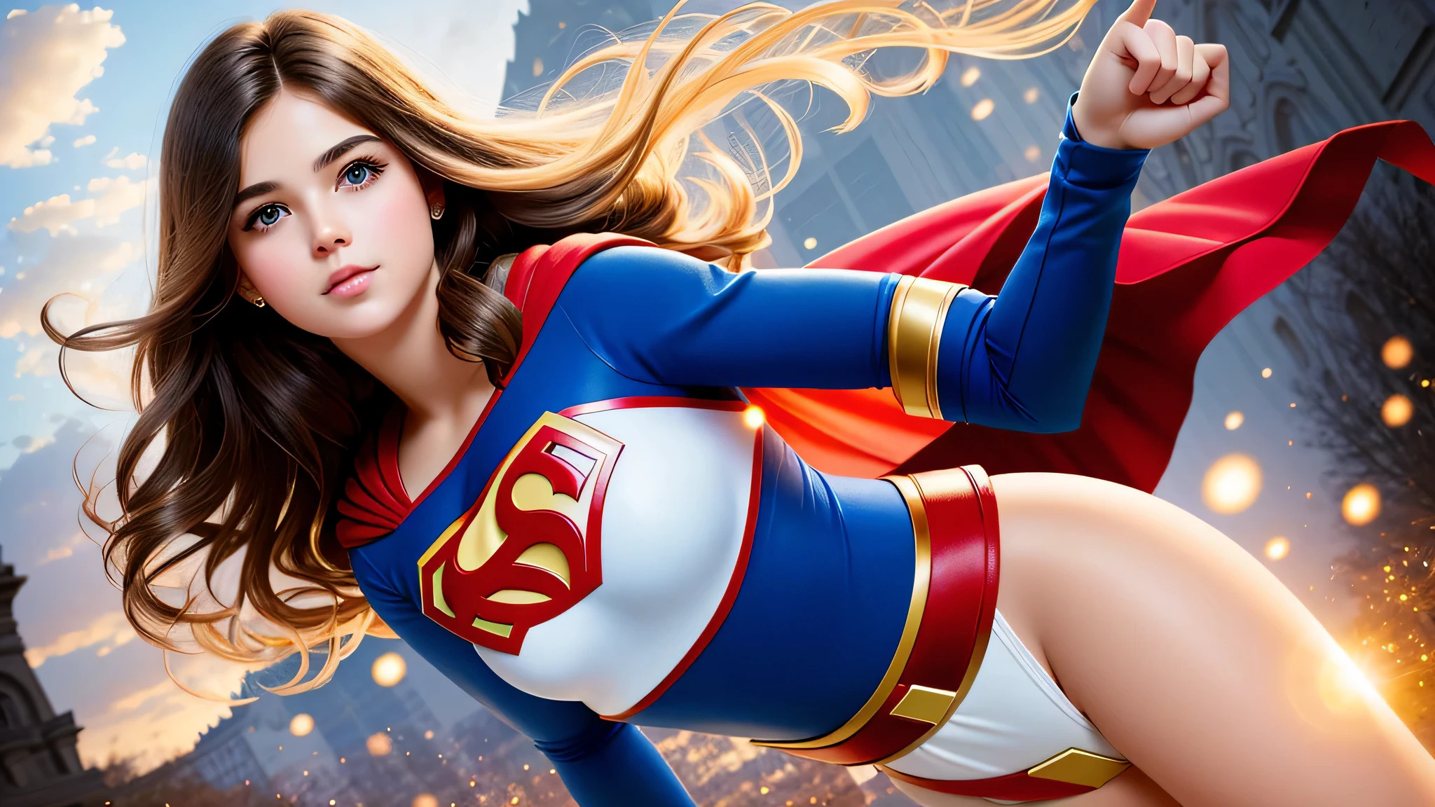 Brunette Supergirl Photo Portrait, colorful, realitic round eyes,straight hair,short, chanel, dreamy magical atmosphere, superheroine costume, (small breasts: 1,3),perfect body,(lie:1.3),