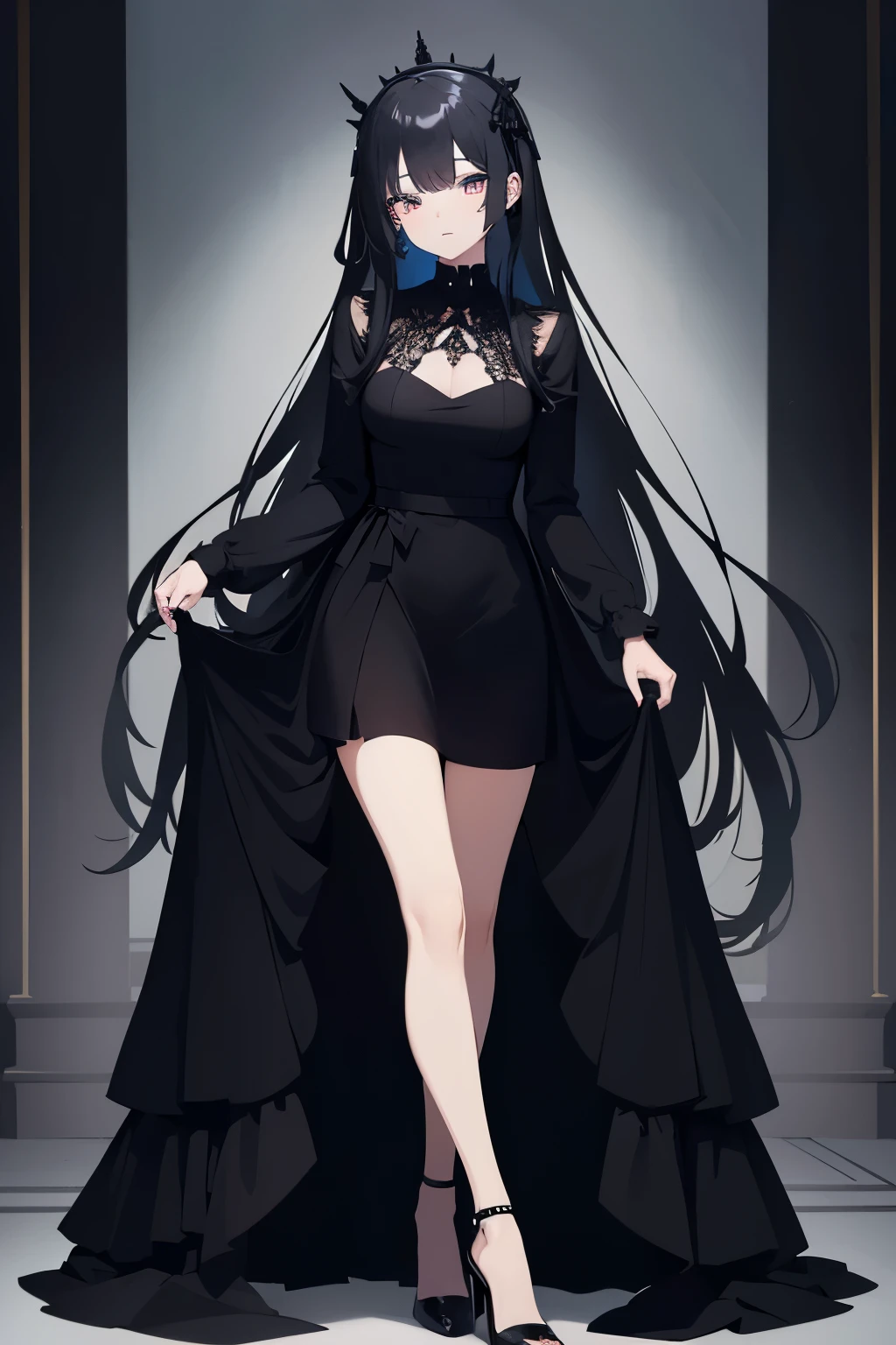 Create a picture wearing a long black dress， Wearing a pair of black high heels on his feet， The legs are dressed in black，The eyes are blue，Pictures of beautiful girls with black hair in gothic style