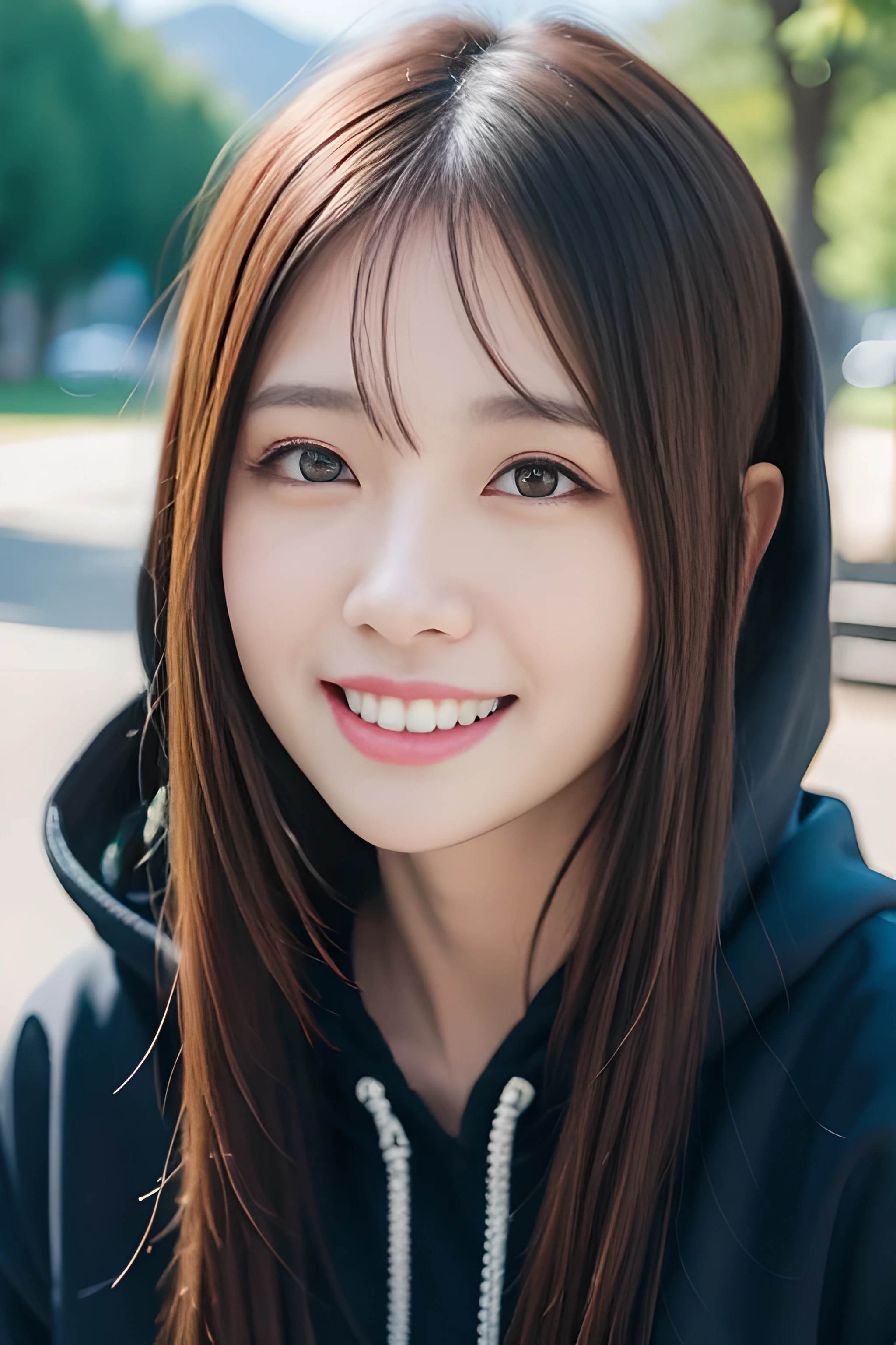 female 29, whole body, cute, super detailed human face, long black hair, fringe, highly detailed brown eyes, highly detailed teeth, white teeth, wearing a hoodie, that'It's snowing, Mountain, amazing details, Canon 5DM4, film stock photography, f1.6 lenses, realistic texture, unreal engine, photorealist, real life