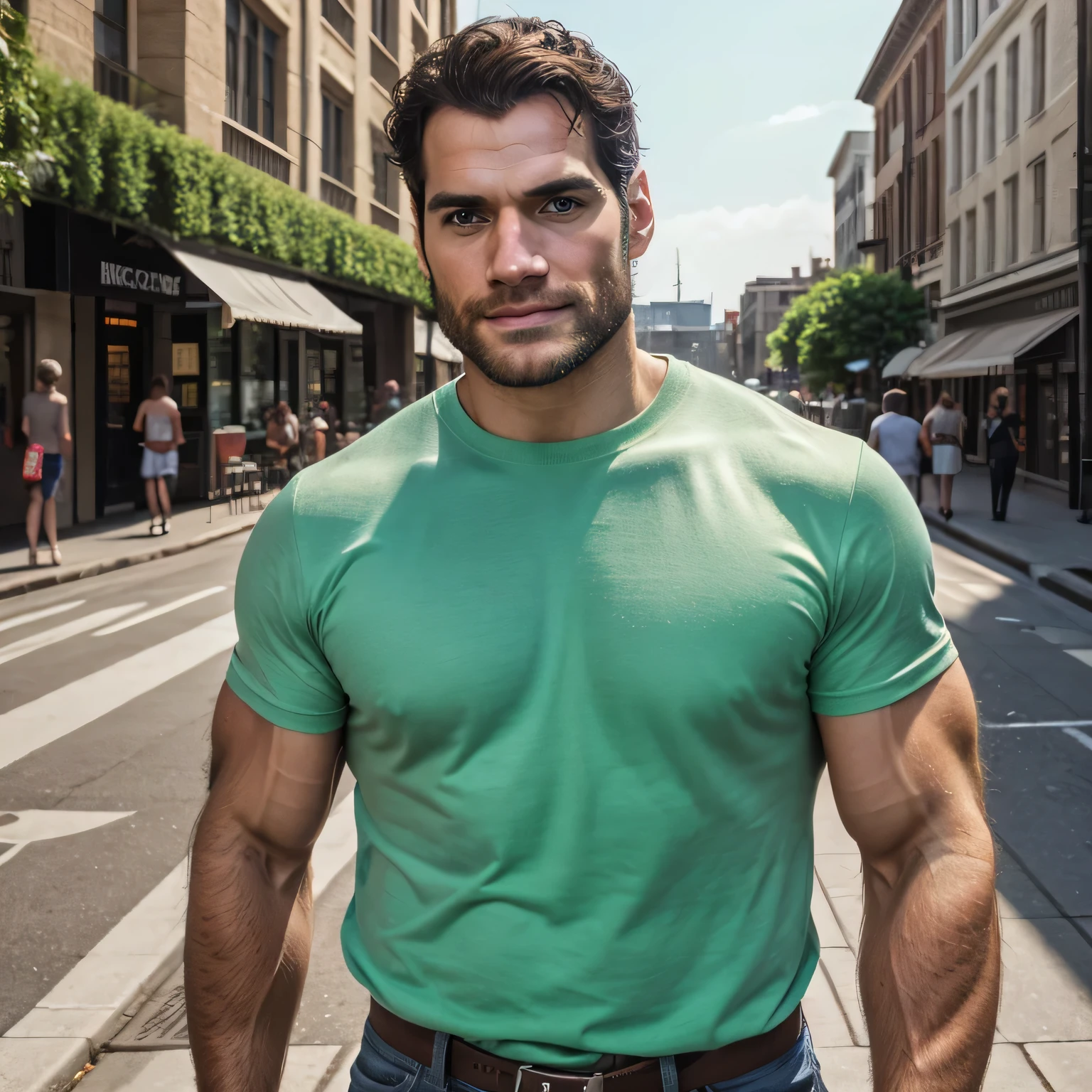Qualidade de imagem ultra-alta, realistic and strong male characteristics, um homem inspirado em Henry Cavill como Wolverine, um homem, sozinho, cabelo curto, olhos verdes, sorriso, cabelo castanho, camisa apertada, muscular, big biceps, peitorais largos, ombros largos, rua, summer, extremely hot and sexy perfect abdomen, full body view (vista frontal), luz difusa, location: rua, summer, foto colorida, (candid human pele), pele