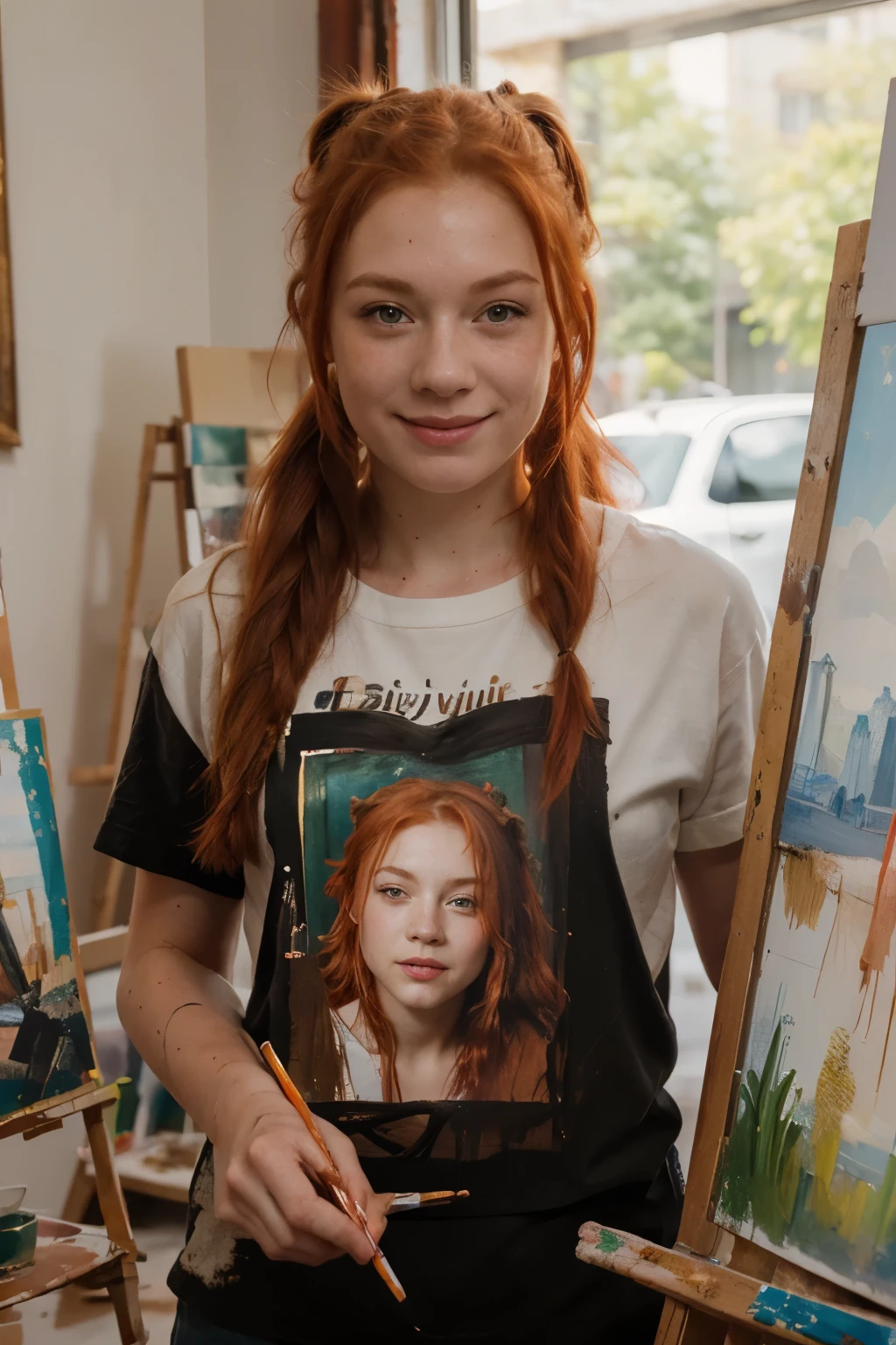 frecklesv1-2000 a painting, semi realistic, a beautiful woman, farms daughter, barn, evening, looking at her lover,