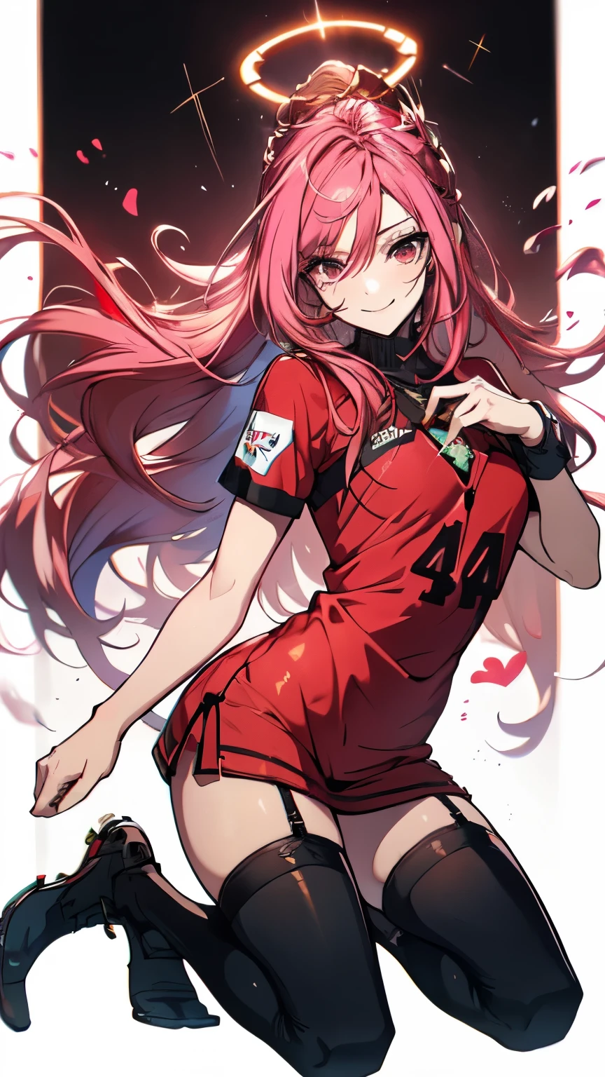 ((Best quality)), ((Masterpiece)), (Detailed), Perfect face, Red eyes, red long hair, male, Blue and red clothes, Cowboy shot, Chigiri Hyoma, soccer ball, Sports uniform, feminine, no , Tiger Plushie, Red halo, (Detailed, sharp details:1.3),(Masterpiece:1.3), 1 boy, Innocent expression, Skin texture, cute, (Masterpiece, Best quality, High quality, High accuracy, ultra-Detailedة:1.1), male Single, Masterpiece, Anime, Masterpiece, Full body, in the fresh air, Masterpiece, Best quality, ultra-high-Detailedة, (White and supple skin), Sophisticated appearance, Well-defined linear segment of muscle, Best quality:1.2), Looking at the scenes, He smiles, Glowing eyes, Single, beautiful Red eyes, Floating hearts, Heart Eyes, Stunning 4K art style, Cool eyes, Cool eye effects, Radiant lights, Sanpaku, 1 male, male character, long hair, holding a soccer ball, Short sleeves, Great thighs and ass, Stunning 4K style, 8k, blushing, holding a lightsaber, Fishnet upper thigh, goth outfit, Ripped socks, Torn upper thigh, pink striped thigh high socks, thigh highs, pink thigh highs, pink colored thigh highs, cute smile, kneeling, open legs, opening legs while kneeling