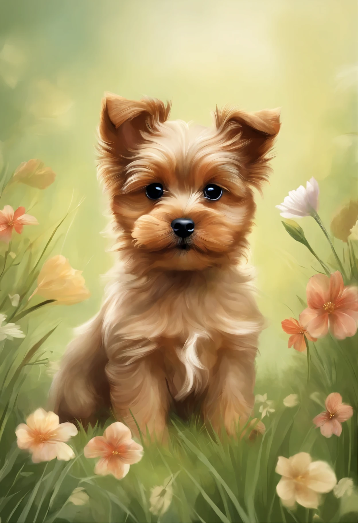 Spring illustration of a small Yorkshire puppy