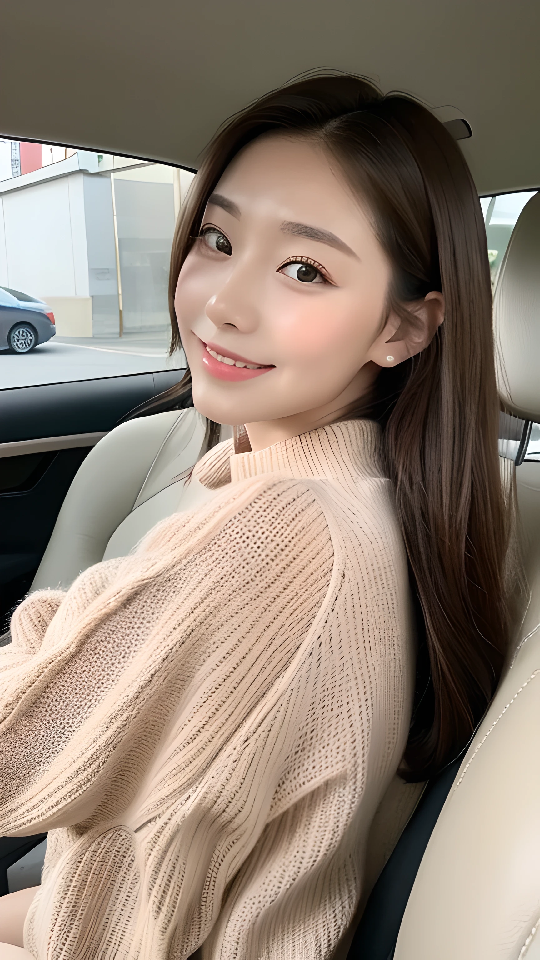 ((highest quality, 8k, masterpiece:1.3)), concentrate:1.2, perfect body beauty:1.4, buttocks:1.2, ((delicate hair)), (sweater dress:1.1) , (sports car, street: 1.2), Highly detailed face and skin texture, fine eyes, double eyelid, Whitening skin, big breasts, smile, Wearing a necklace, ring, A person sitting with their butt up in a car,