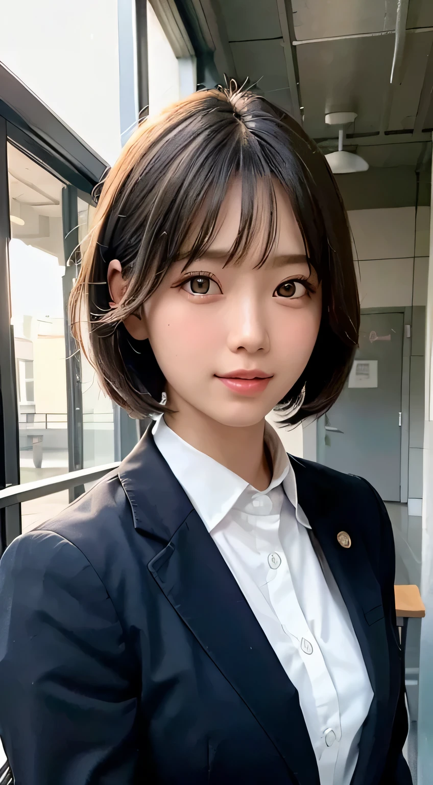 (highest quality,8K quality,masterpiece:1.3),(超A high resolution,Photoreal:1.4,RAW photo),(Super detailed,caustics,detailed background),(ultra-realistic capture,Fine and beautiful skin,perfect anatomy),at dusk,sunset sky,school building,schoolyard,18-year-old,cute,single eyelid,black short bob,school blazer uniform,looking at camera,laughter,bust up shot,natural soft light