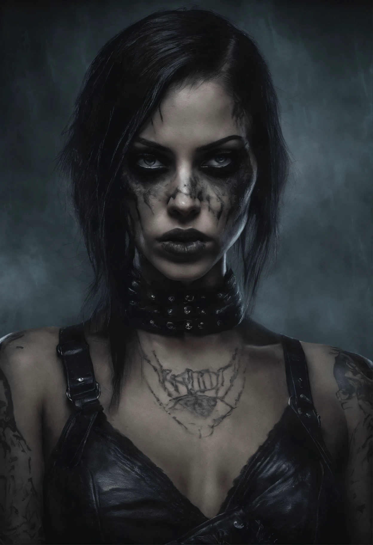 A realistic picture of a dark haired girl, dark makeup, seductive eyes, wearing leather top with straps and studs,tattoos all over and visible, seductive smile