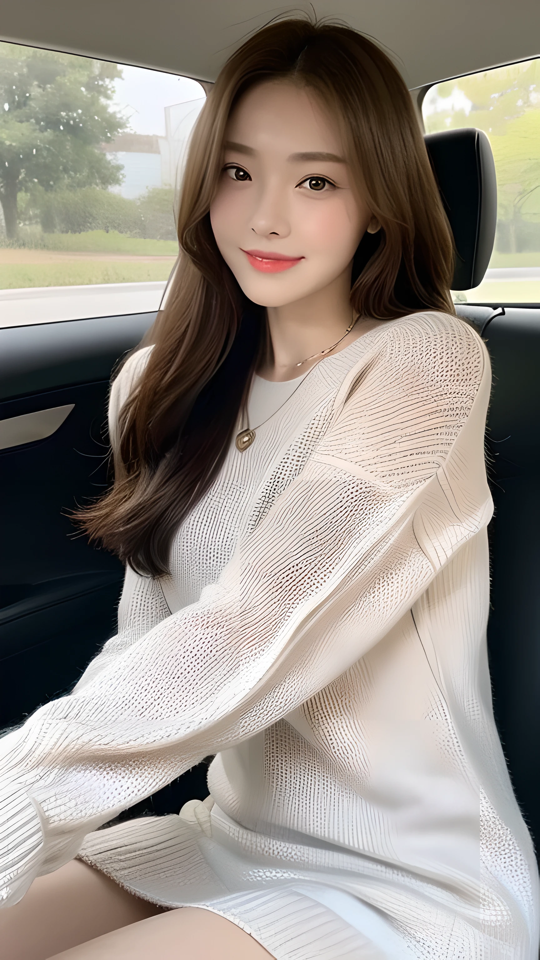 ((highest quality, 8k, masterpiece:1.3)), concentrate:1.2, perfect body beauty:1.4, buttocks:1.2, ((delicate hair)), (sweater dress:1.1) , (sports car, street: 1.2), Highly detailed face and skin texture, fine eyes, double eyelid, Whitening skin, big breasts, smile, Wearing a necklace, ring, A person sitting with their butt up in a car,