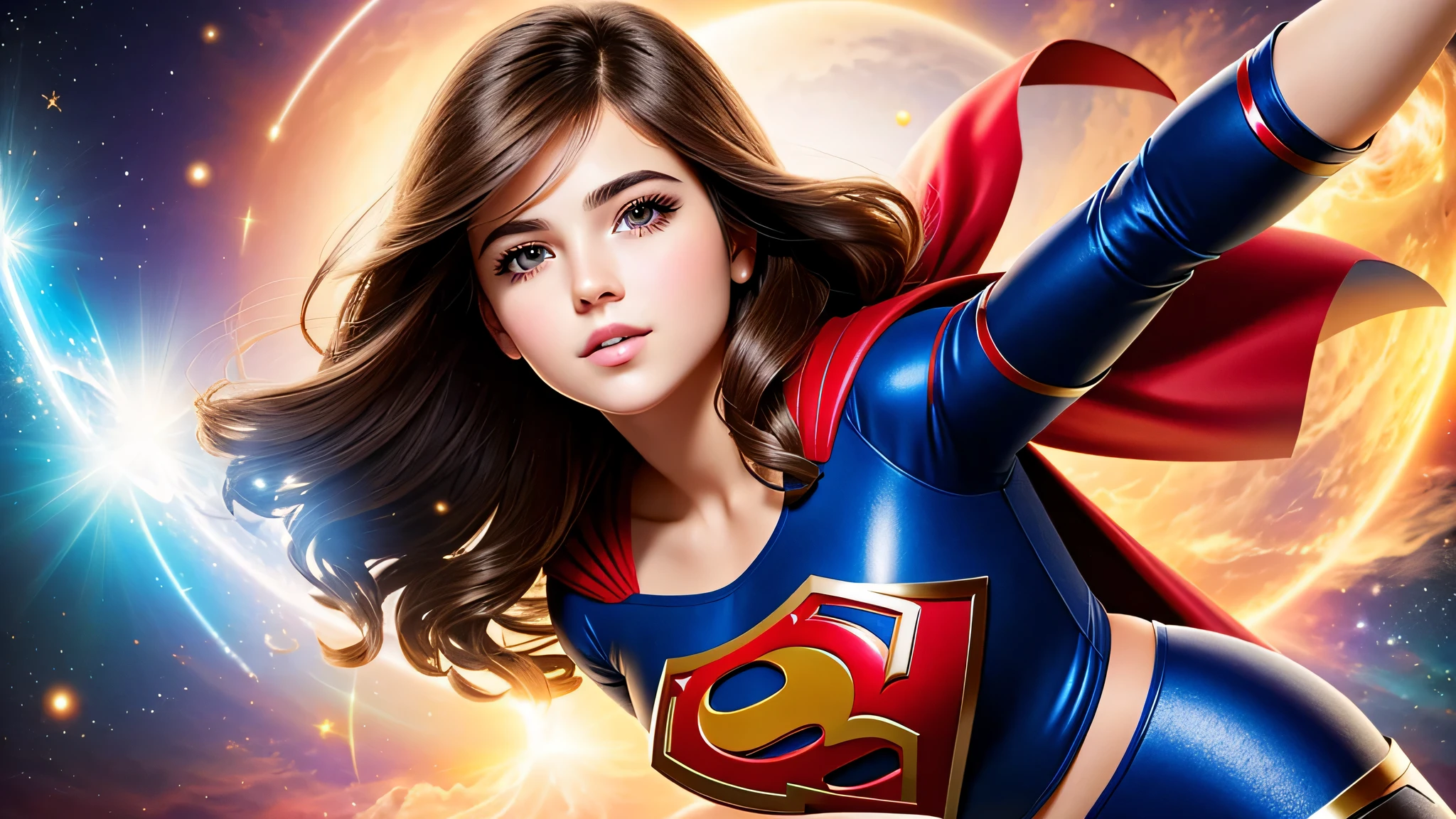 Brunette Supergirl Photo Portrait, colorful, realitic round eyes,straight hair,short, chanel, dreamy magical atmosphere, superheroine costume, (small breasts: 1,3),perfect body,(lie:1.3),