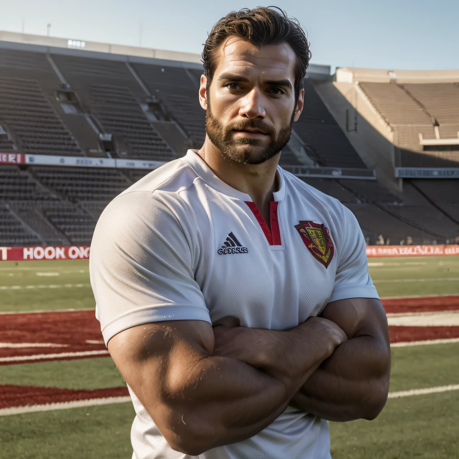 Qualidade de imagem ultra-alta, realistic and strong male characteristics, um homem inspirado em Henry Cavill como Wolverine, Um homem, um jogador de rugby, corpo perfeito, Pelos corporais, facial hair, um campo de futebol ao fundo, Corpo todo, amazing composition, vista frontal, hdr, volumetric lighting, ultra qualidade, elegante, altamente detalhado, extremely hot and sexy perfect abdomen, full body view (vista frontal), luz difusa, location: um campo de futebol ao fundo, foto colorida, ( sincere human pele), pele