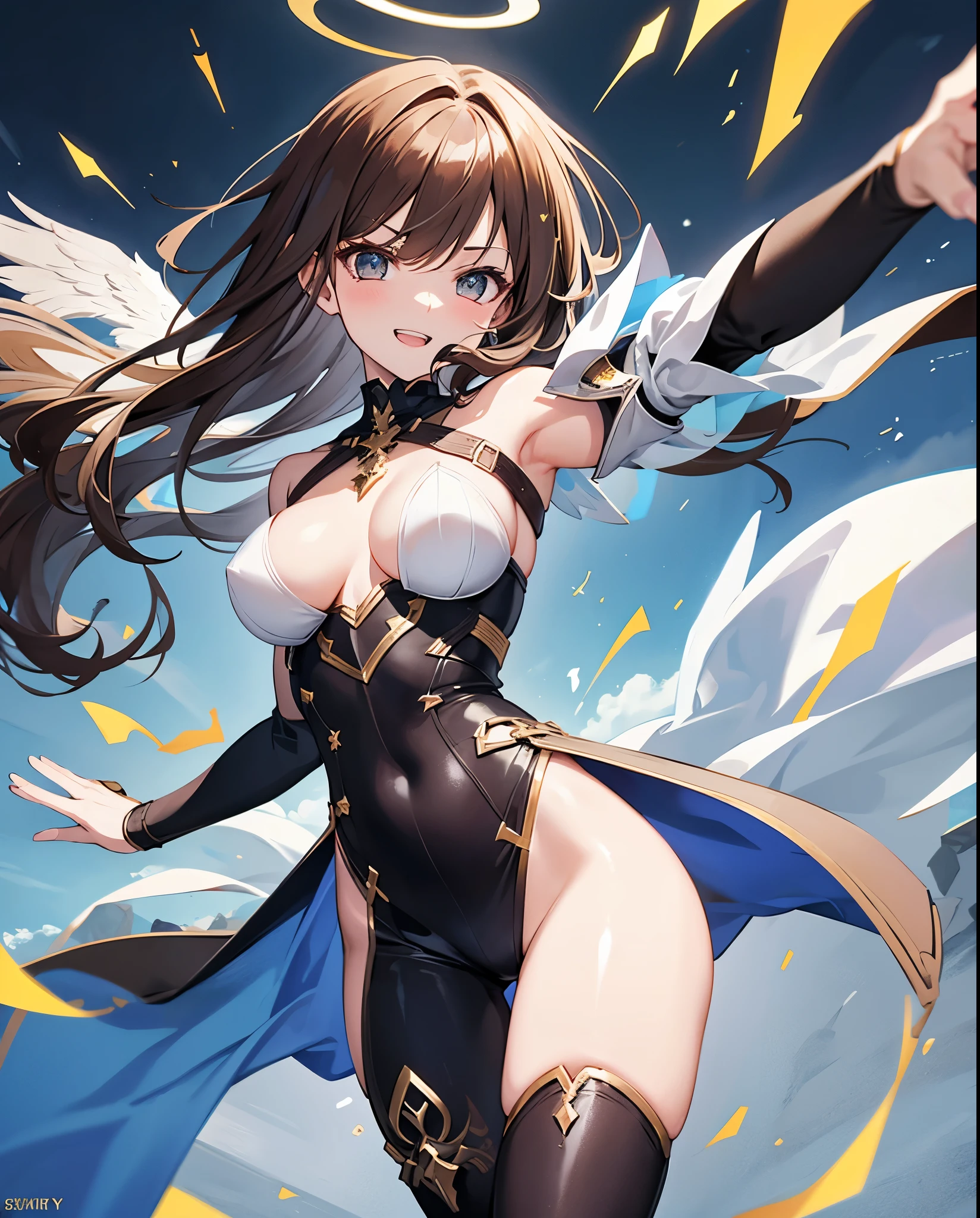 fantasy, 1angel_girl,, ,brown_hair, medium_bob_hair, long_bangs, halo,bare_shoulder,thighhighs,silver_armor, waist_armor, large_breasts,angry,grinning,open_mouth_teeth, 1pair_wings, dynamic_pose_fighting,floating, bare_crotch, headgear,gauntlet, greaves,city_sky_background,slightly_spread_legs, solo, groin_naked,