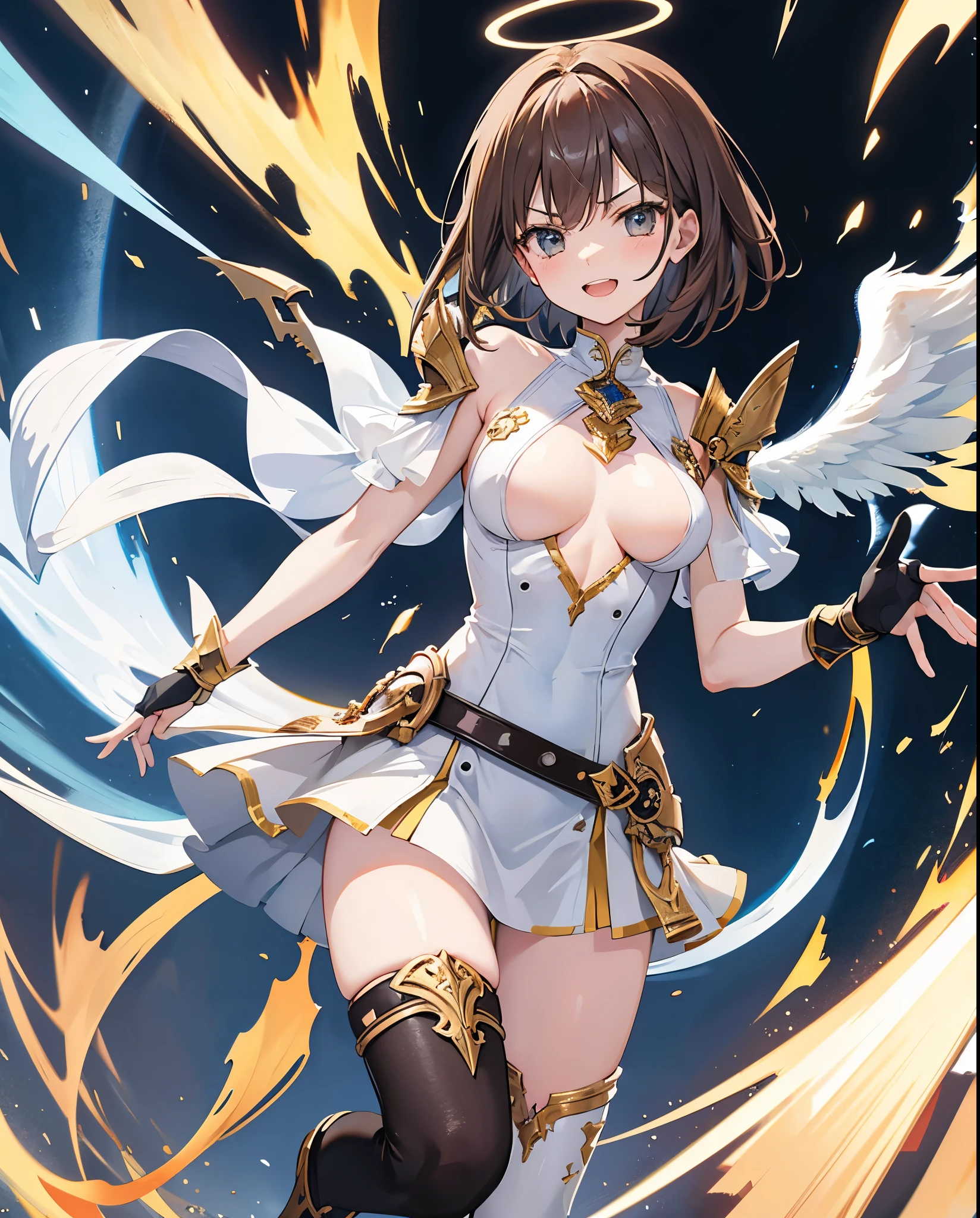 fantasy, 1angel_girl,, ,brown_hair, medium_bob_hair, long_bangs, halo,bare_shoulder,thighhighs,silver_armor, waist_armor, large_breasts,angry,grinning,open_mouth_teeth, 1pair_wings, dynamic_pose_fighting,floating, bare_crotch, headgear,gauntlet, greaves,city_sky_background,slightly_spread_legs, solo, groin_naked,