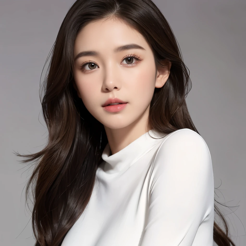 Girl, long soft brown hair, gray eyes, sharp features, white skin, long sleeve dress style