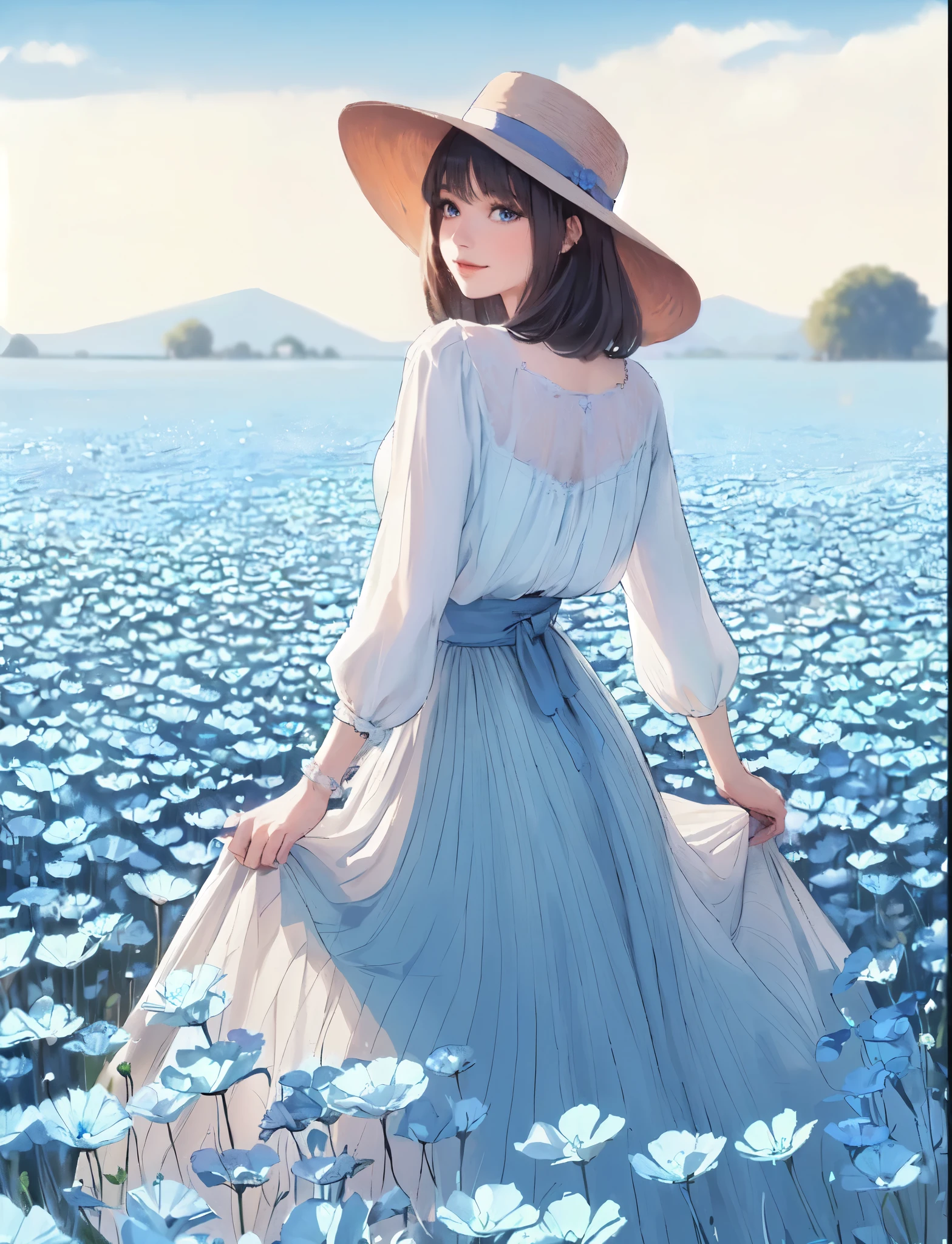 1lady standing, (looking back) (from behind), (stylish outfit) high-waist long skirt, hat, mature female, /(black hair/) bangs, light smile, (masterpiece best quality:1.2) delicate illustration ultra-detailed, medium breasts BREAK (field of Nemophila flowers) outdoors, (Nemophila:1.2) (realistic blue flower:1.1), (blue flower field look like sea), horizon, noon, detailed background