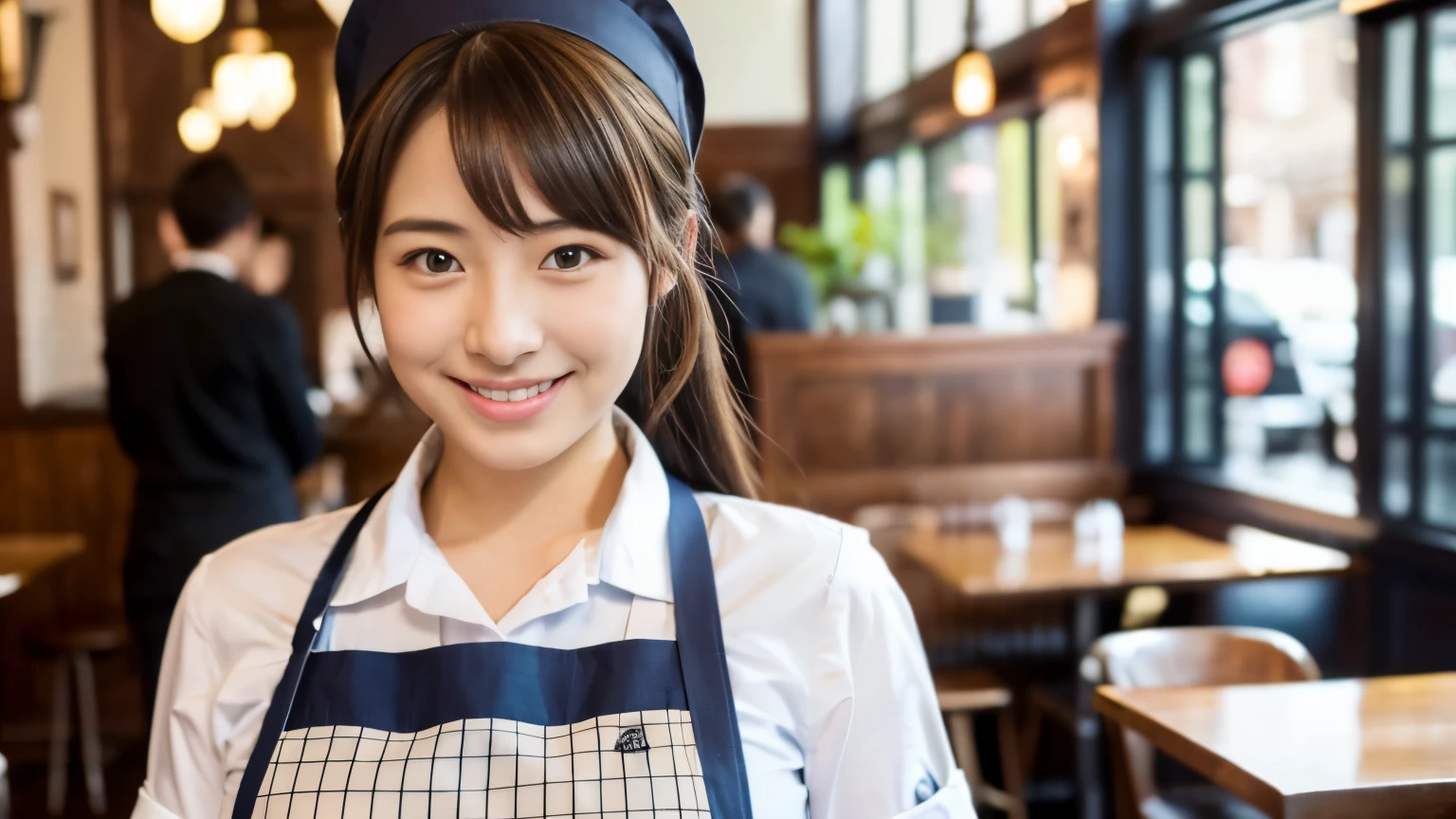 ((最high quality, 8k, masterpiece: 1.3)), perfect face,This is a full-length portrait of a beautiful model-like woman working in a miniskirt and apron at a cafe where uniforms are characterized by ., sharp focus, Sexy 1.2, , fine eyes, Beautiful eyes with long slits, double eyelid, (cat face), (cute Face), cute Smile, (close your mouth), (cute), soft skin, Show the whole body, surreal, super detailed, high quality, (Beautiful college girl working as a waitress in a cafe), ((詳細な非常にcute女子大生)), ((My breasts are hidden but big enough to be seen through my clothes)),A look and a smile as if staring at her boyfriend,An angle where you can see her beautiful thighs from under the apron and miniskirt