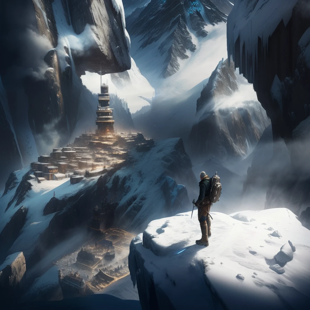 there is a man standing on a mountain with a sword, sci fi epic digital art, game art matte painting, sci-fi fantasy wallpaper, frostpunk, matte painting concept art, james gurney and andreas rocha, sci-fi digital art, winter concept art, ice city in 2 0 8 0, 4k highly detailed digital art