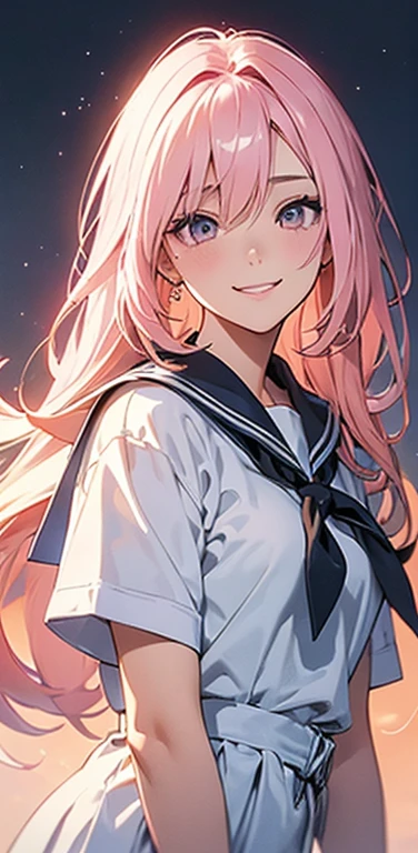 (8K、highest quality、masterpiece:1.2)、Super detailed、super resolution、Realistic、1girl、(light pink gradient hair)、(hair over one eye,ruby eyes)、(face focus:1.3,upper body:1.5),(gradient hair:1.5),(sailor uniform:1.3)、(Nasty smile:1.3),cute face,small breasts,school girl,