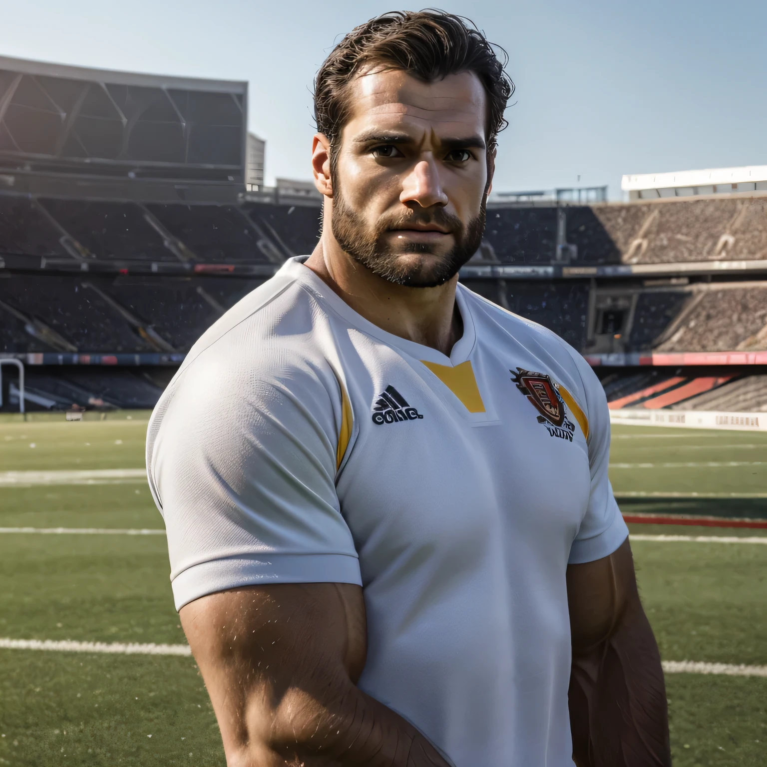 Qualidade de imagem ultra-alta, realistic and strong male characteristics, um homem inspirado em Henry Cavill como Wolverine, Um homem, um jogador de rugby, corpo perfeito, Pelos corporais, facial hair, um campo de futebol ao fundo, Corpo todo, amazing composition, vista frontal, hdr, volumetric lighting, ultra qualidade, elegante, altamente detalhado, extremely hot and sexy perfect abdomen, full body view (vista frontal), luz difusa, location: um campo de futebol ao fundo, foto colorida, ( sincere human pele), pele