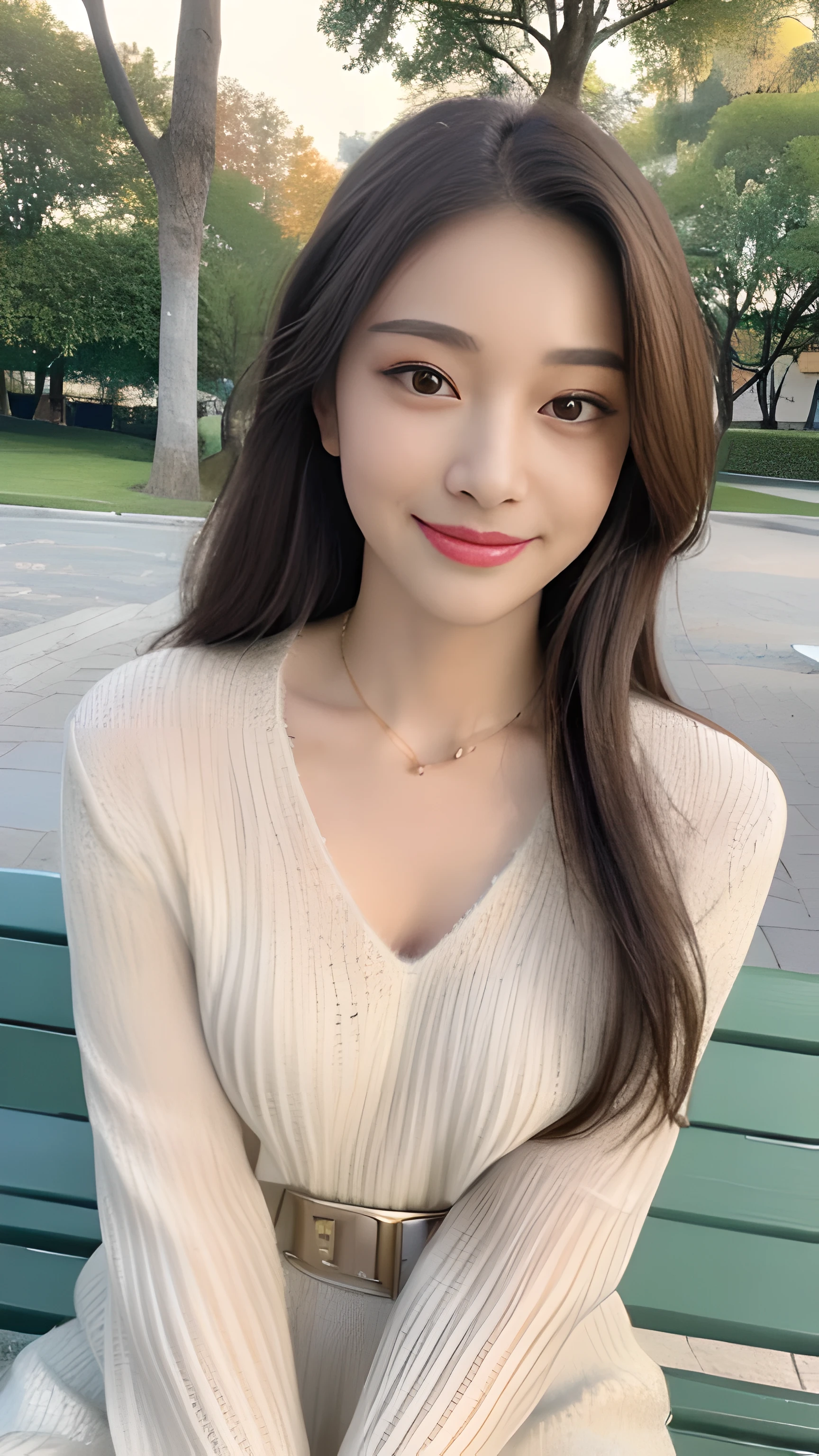 ((highest quality, 8k, masterpiece: 1.3)), concentrate: 1.2, perfect body beauty: 1.4, buttocks: 1.2, (((delicate hair)), (sweater dress: 1.1), (sports car, street: 1.2), Highly detailed face and skin texture, narrow eyes, double eyelid, whitened skin, smile, necklace, ring, person sitting on a park bench.