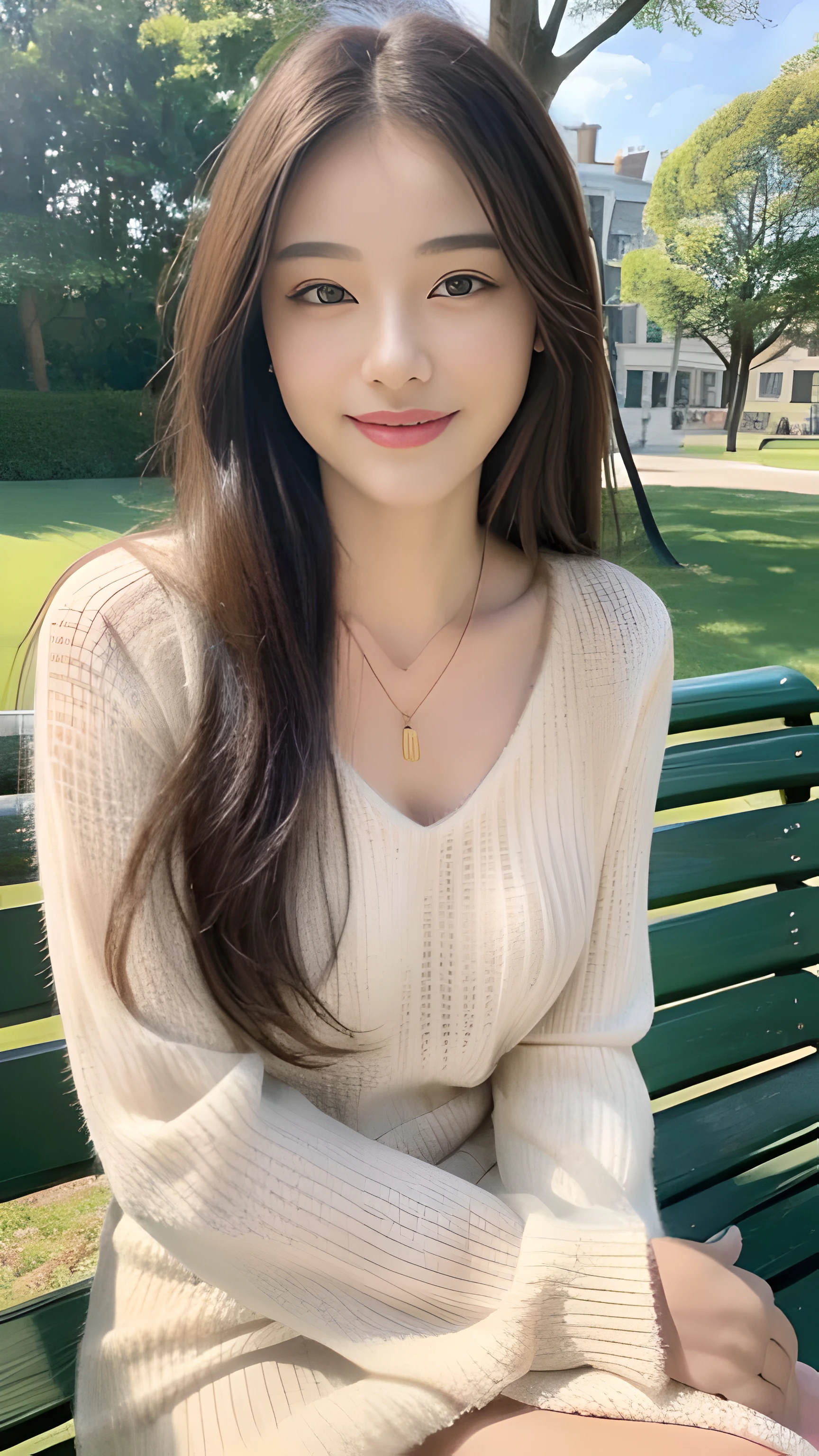 ((highest quality, 8k, masterpiece: 1.3)), concentrate: 1.2, perfect body beauty: 1.4, buttocks: 1.2, (((delicate hair)), (sweater dress: 1.1), (sports car, street: 1.2), Highly detailed face and skin texture, narrow eyes, double eyelid, whitened skin, smile, necklace, ring, person sitting on a park bench.