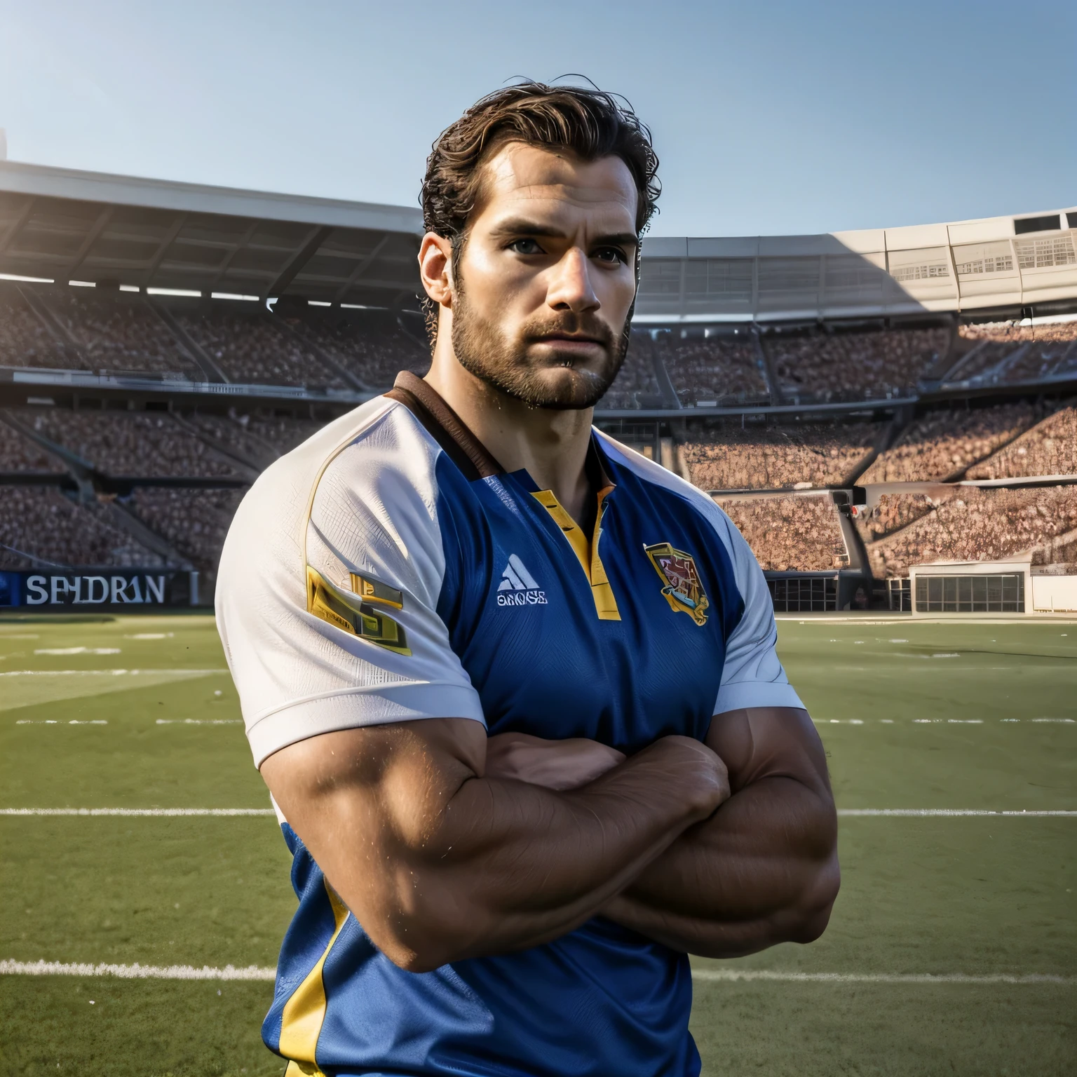 Qualidade de imagem ultra-alta, realistic and strong male characteristics, um homem inspirado em Henry Cavill como Wolverine, Um homem, um jogador de rugby, corpo perfeito, Pelos corporais, facial hair, um campo de futebol ao fundo, Corpo todo, amazing composition, vista frontal, hdr, volumetric lighting, ultra qualidade, elegante, altamente detalhado, extremely hot and sexy perfect abdomen, full body view (vista frontal), luz difusa, location: um campo de futebol ao fundo, foto colorida, ( sincere human pele), pele