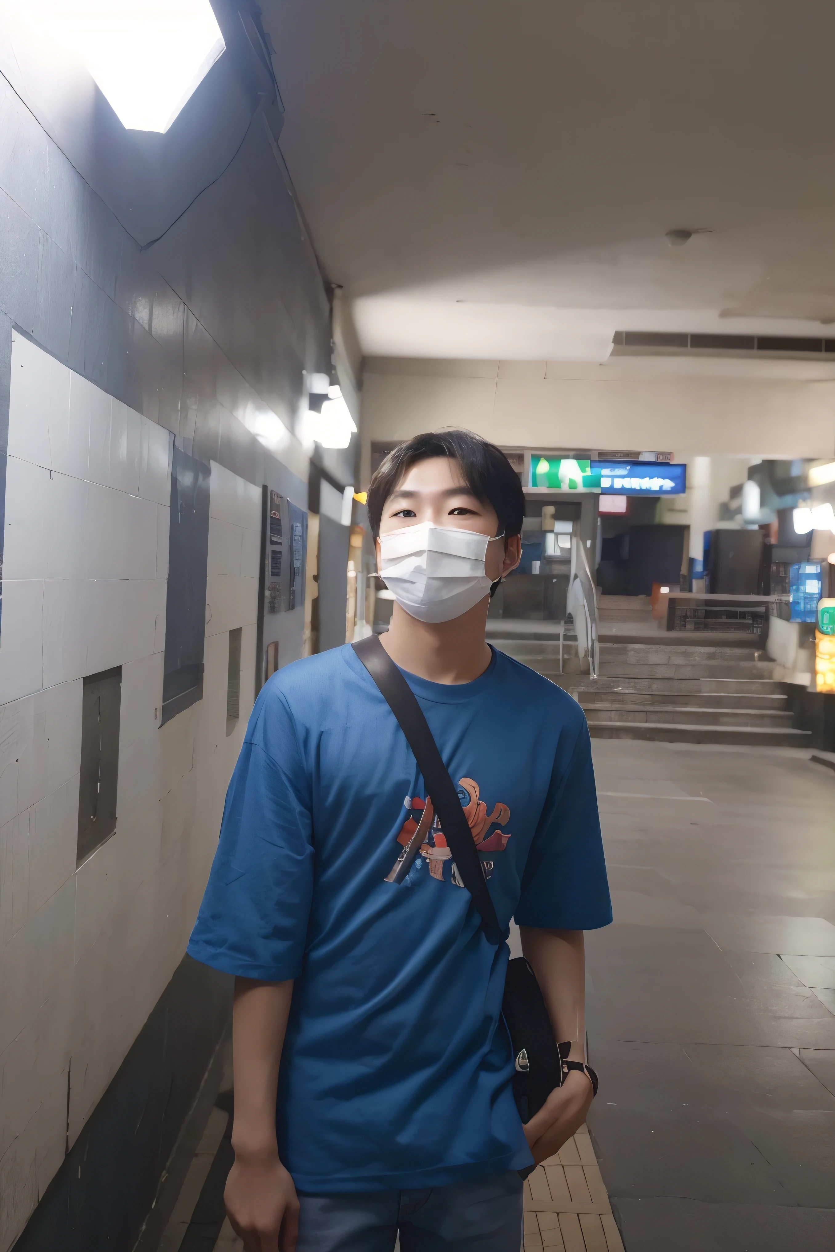 A cute Korean boy with mask, age 14 yearasterpiece: 1.2, highest quality), (real photo, intricate details), Casual, Natural fabric, Face close-up, Smile. Unity 8 ke realistic cinematic wallpaper.