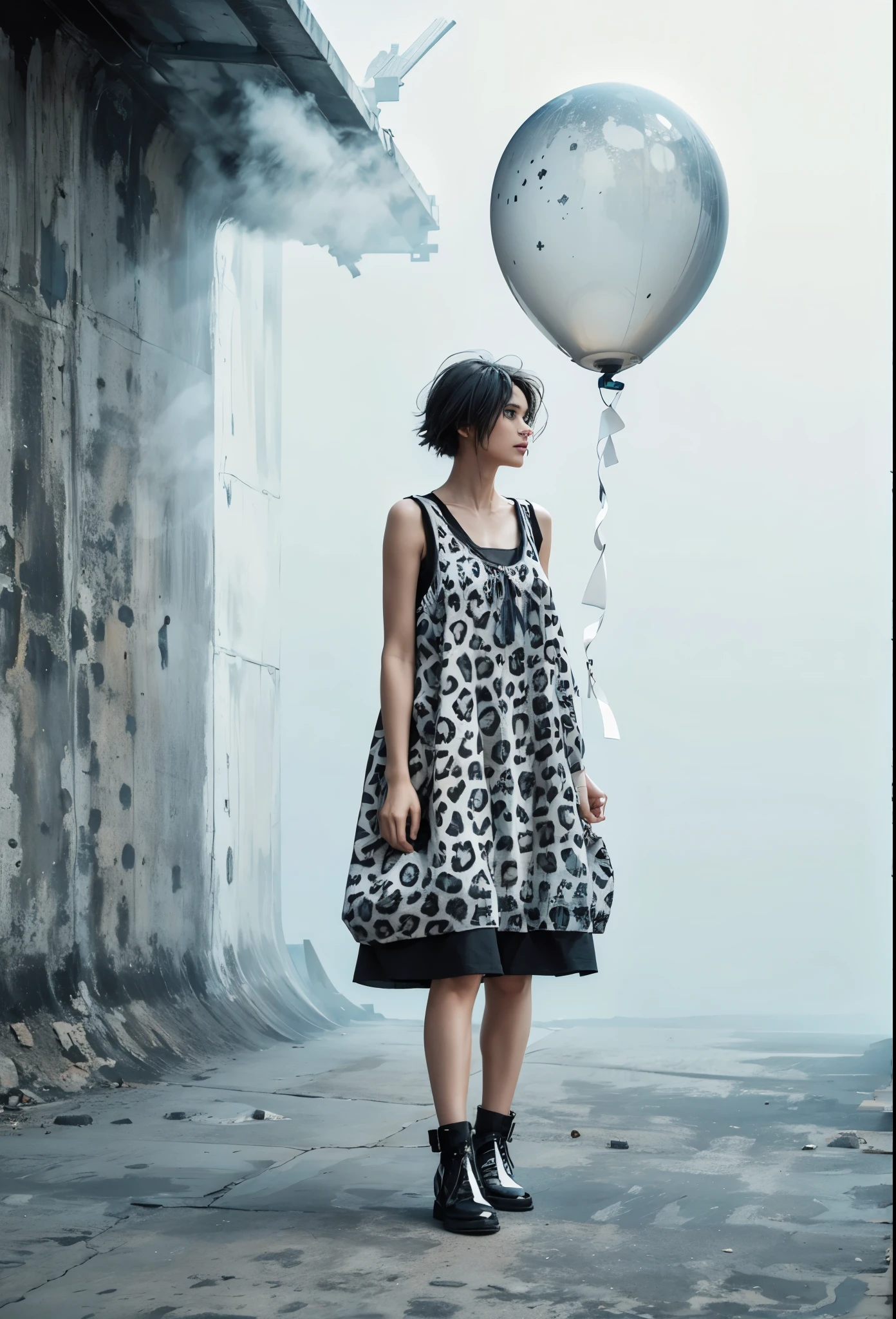 ultra detailed, beautiful, masterpiece, best quality, _ BREAK Beautiful and cute perfect model, Tightened all body, medium Breasts, _ BREAK (short hair, _ BREAK Perfect art background, Fog, mist, _ BREAK (all body shot, standing and Abstract pose:1.6), BREAK (Simple jet black simple Cotton Patchwork Spring Ankle baggy Dress:1.2), balloon silhouette, (Sleeveless, simple:1.2), (black, Bold Leopard handle pattern trim:1.2), (fog and mist Blurred background, Perfect and beautiful concrete background:1.4), (Inorganic and nostalgic white lighting:1.4),(gray hair, blue eyes:1.2),