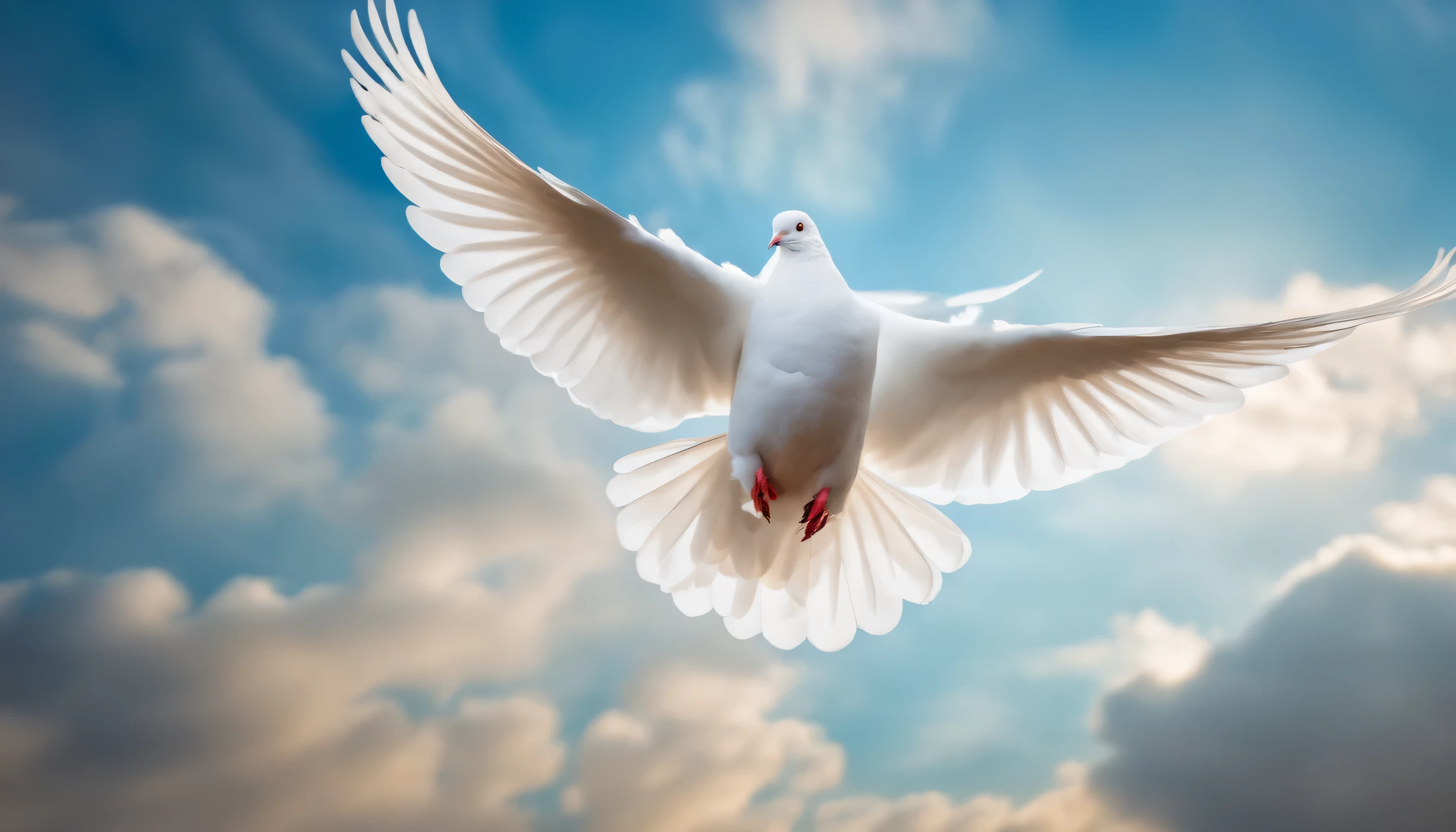 On a blue sky with several white fluffy clouds, white beautiful translucent dove flies, gently flapping its wings.