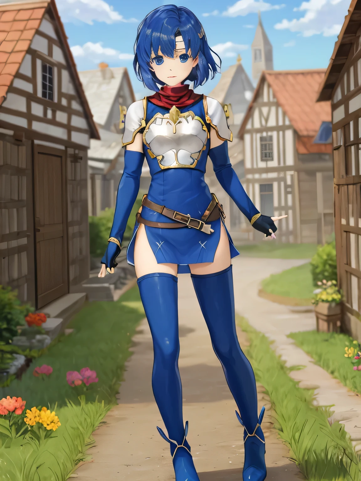 Katria_nm, cute, blue hair, short hair, blue eyes, cute, thin waist, small, Tight, medium breasts, bare shoulders, red neckerchief, blue elbow gloves, blue fingerless gloves, shoulder armor, belt, breastplate, white headband, short dress, dress slit, blue tight boots, Blue Long Boots, Pegasus knight uniform (Fire emblem), low length, middle ages, village,