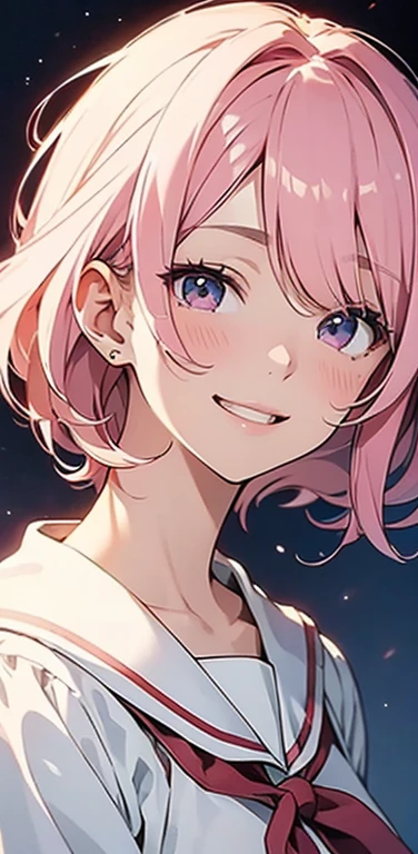 (8K、highest quality、masterpiece:1.2)、Super detailed、super resolution、Realistic、1girl、(light pink gradient hair)、(hair over one eye:1.5,ruby eyes:1.2)、(face focus:1.3,upper body:1.5),(gradient hair:1.5),(sailor uniform:1.3)、(Nasty smile:1.3),cute face,small breasts,school girl,
