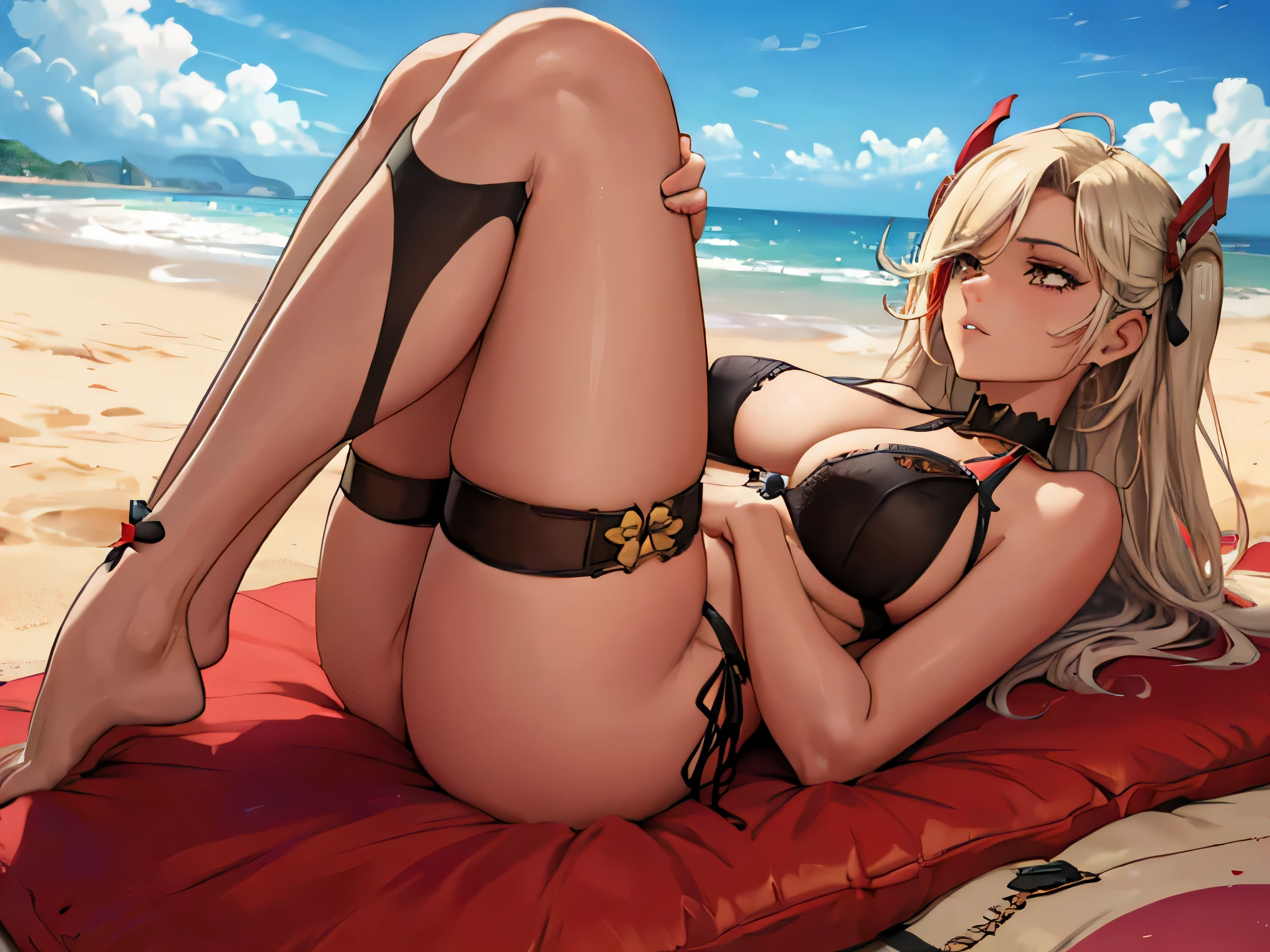 PrinzV4;
This image captures a striking cartoon depiction of a woman lying on a beach, appearing relaxed and at ease under the expansive blue sky. She's dressed in intimate attire, evoking a sense of delicacy and intimacy, akin to lingerie or undergarments, possibly including a brassiere. Vivid colors dominate the scene, with white, blue, and red tones creating an eye-catching and thematic composition.

The beach setting is evident from the sandy ground and the outdoor ambiance, suggesting the serene openness of a coastal landscape. The character's stylized features align with the anime genre, hinting at a deeper narrative or thematic depth beyond a simple beach scene.

The sky, significant in the composition, hints at a bright yet gentle time of day, possibly the early afternoon. Despite the serene setting, the image carries an adult theme, conveyed through the choice of garment and the woman's pose, appealing to a more mature audience.

While evoking sensuality, the artwork maintains a tasteful balance, avoiding explicitness and focusing on artistic and thematic elements. This balance adds depth to the image, making it compelling for those appreciating both beauty and subtlety in artwork.