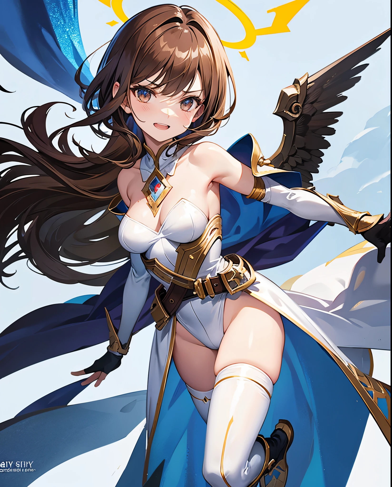 fantasy, 1angel_girl,, ,brown_hair, medium_bob_hair, long_bangs, halo,bare_shoulder,thighhighs,silver_armor, waist_armor, large_,angry,grinning,open_mouth_teeth, 1pair_wings, dynamic_pose_fighting,floating, bare_crotch, headgear,gauntlet, greaves,city_sky_background,slightly_spread_legs, solo, groin_naked,