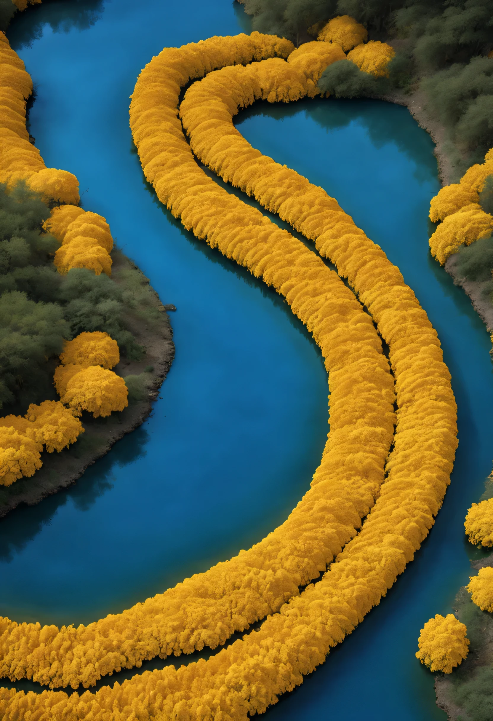 a large teardrop shaped river，Surrounded by thick yellow rose petals, blue lake, National Geographic photography style, Exaggerated visual composition and color, bird&#39;s eye perspective photography, groundbreaking color photography, Complex weaving, documentary photography, Vibrant and exaggerated scenery,