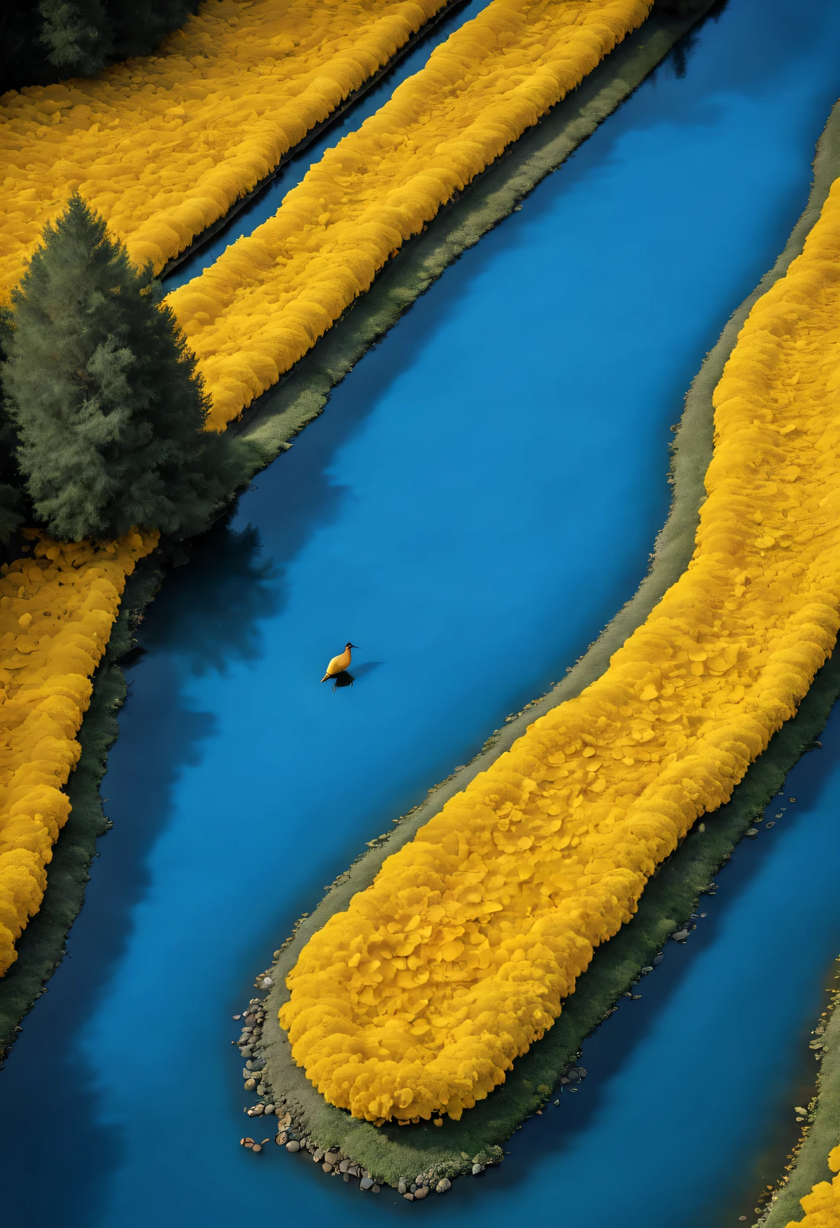 a large teardrop shaped river，Surrounded by thick yellow rose petals, blue lake, National Geographic photography style, Exaggerated visual composition and color, bird&#39;s eye perspective photography, groundbreaking color photography, Complex weaving, documentary photography, Vibrant and exaggerated scenery,