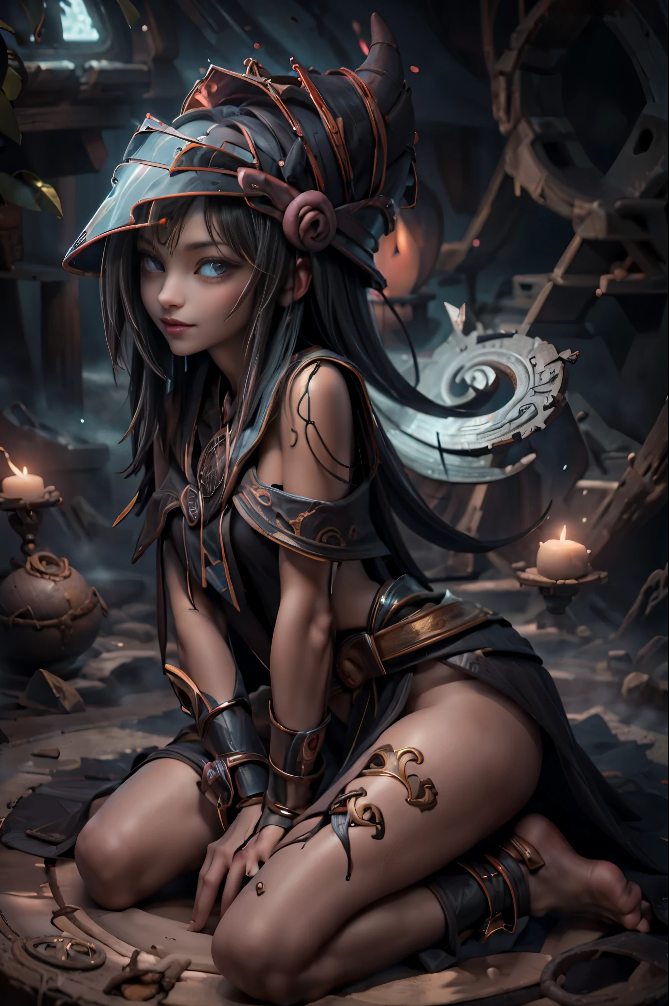 Dark magician gils en el aire, she comes out of a magic circle of heart. Magic hearts background. Sonrisa en sus labios. Ojos celestes. Cabello dorado. Pose sensual. Levitando en una pie. Tiene tacones. Usa tacones azules y dorados 