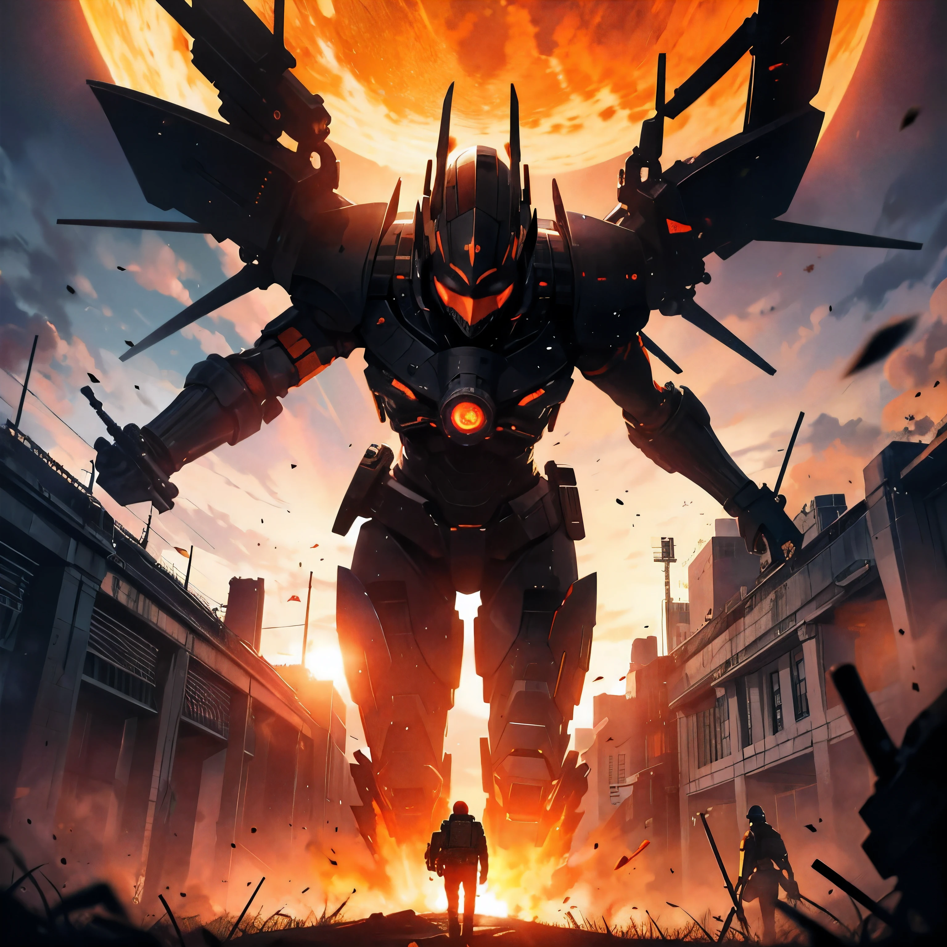 Giant red eye, orange sun, battlefield, death