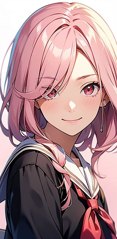 (8K、highest quality、masterpiece:1.2)、Super detailed、super resolution、Realistic、1girl、(light pink gradient hair)、((hair over one eye:1.5,RED eyes:1.2))、(face focus:1.3,upper body:1.5),(gradient hair:1.5),(sailor uniform:1.3)、(Nasty smile:1.3),cute face,small breasts,school girl,
