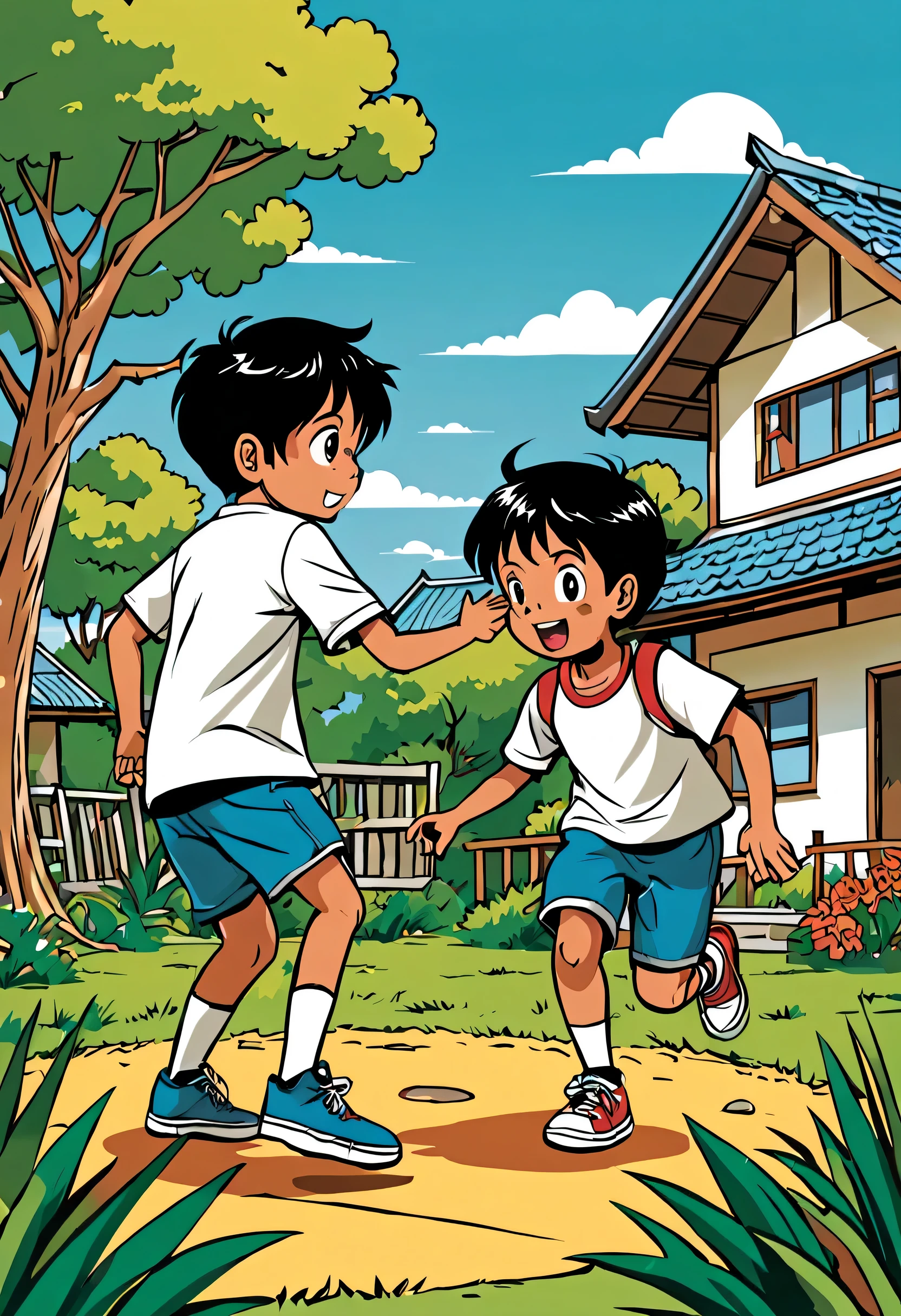 design graphic novels illustration, ai comic book in amine and manga style, children playing scene , vector illustration
