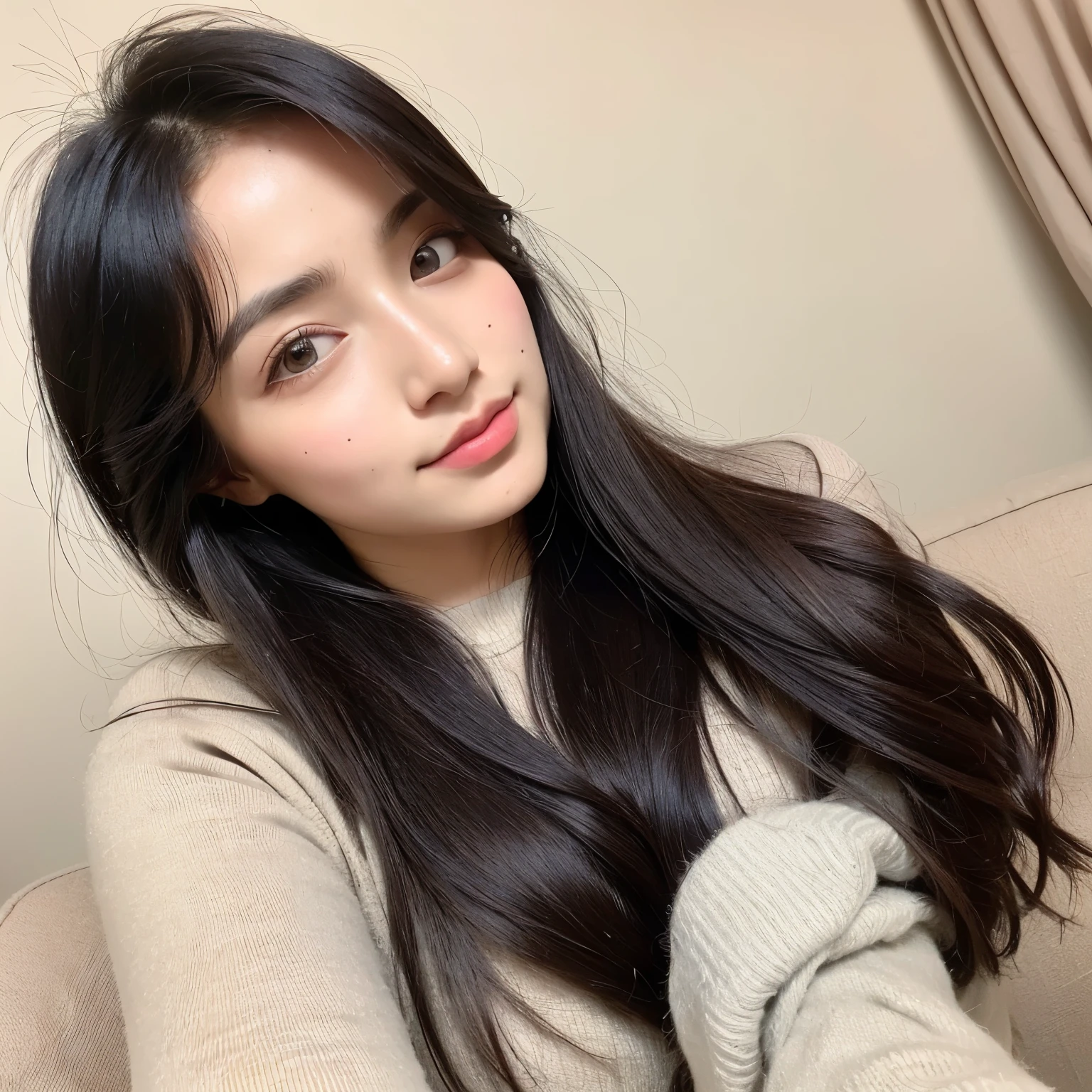 (8K, Best Quality, Masterpiece, Ultra High Definition, high quality face:1.5), (highly detailed), Looking at the camera, (18-year-old girl:1.3), (Ultra-low angle full-body photography:1.3), 1 Beautiful Girl, (Indian village girl:1.3), (long black hair:1.2), (colorful hair:1.1), (warm and inviting expression:1.2), (dancing:1.1), (sitting on a sofa at home:1.2), (Indian ethnicity), Very Smile, Cute, Random hairstyles, Random hair color, ((Beautiful woman with an Instagram model vibe)), Simple and cozy setting, Pretty eyes,