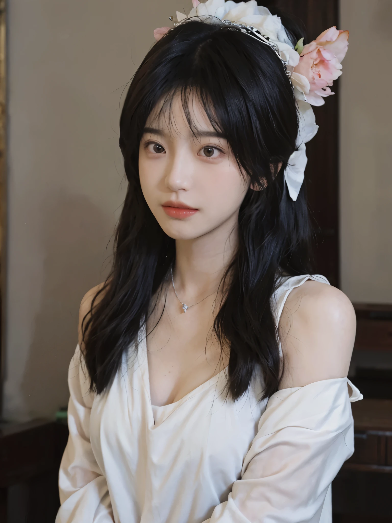 best quality, ultra high resolution, (realistically:1.4),cute hairpin,Baoyu Girl,Standing in the wedding hall,(flat chest:1.2) ,A pair of clear and charming peach blossom eyes,Royal sister,The sun shines on the face,Big wavy hairstyle,(necklace:1.2),(White skin:1.4),a sense of atmosphere,a beautiful girl,Looking directly at the viewer, Close-up cleavage ,(lifelike:1.4),1 girl,Sexy,(Upper body:1.4),(wet),(:1.2)