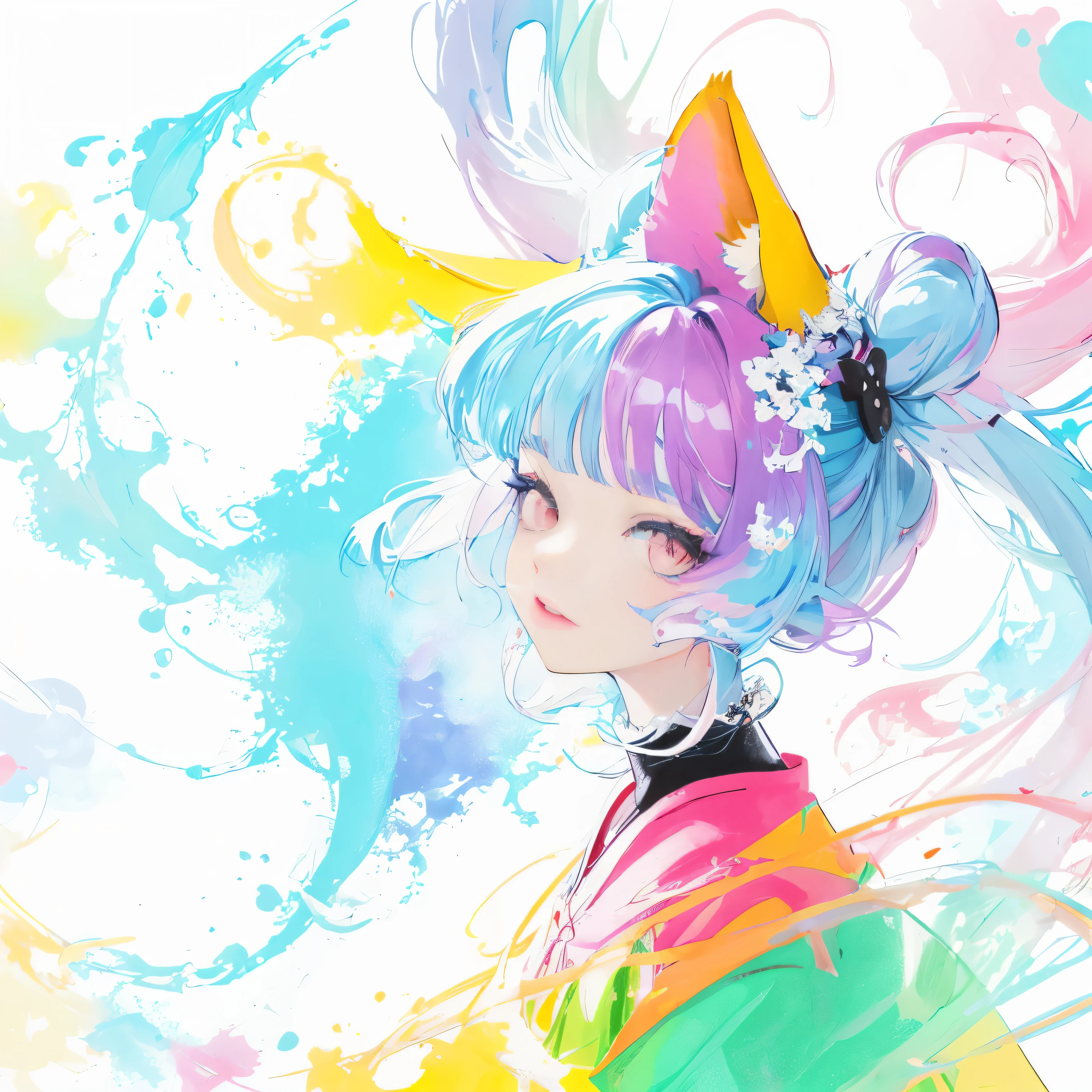 there is a painting，The painting is of a man with cat ears、woman wearing colorful skirt, color drawing, Produced by Anime Painter Studio, Painting in animation artist studio, bright colors.Digital 2D, quick paint, digital animation art!!, rough art style, unknown art style, Portrait of the Arcane Hexagon, anime color, Color numbers, Tool Contest